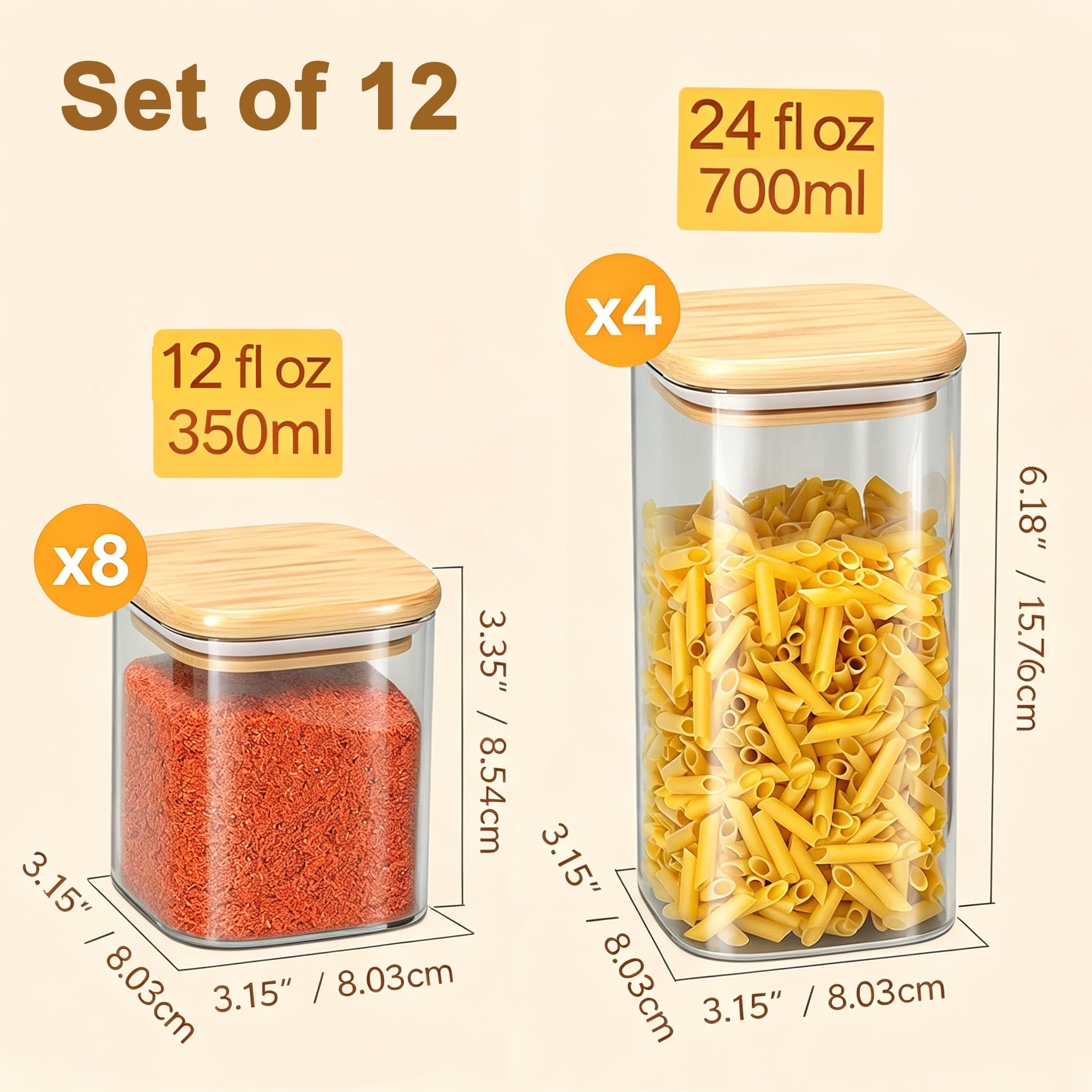 Finew Barattoli in vetro con coperchio in bambù, set da 12 barattoli ermetici per alimenti, trasparenti, contenitori da cucina per spezie, erbe, caffè, tè, pasta, fagioli, zucchero, biscotti, snack,