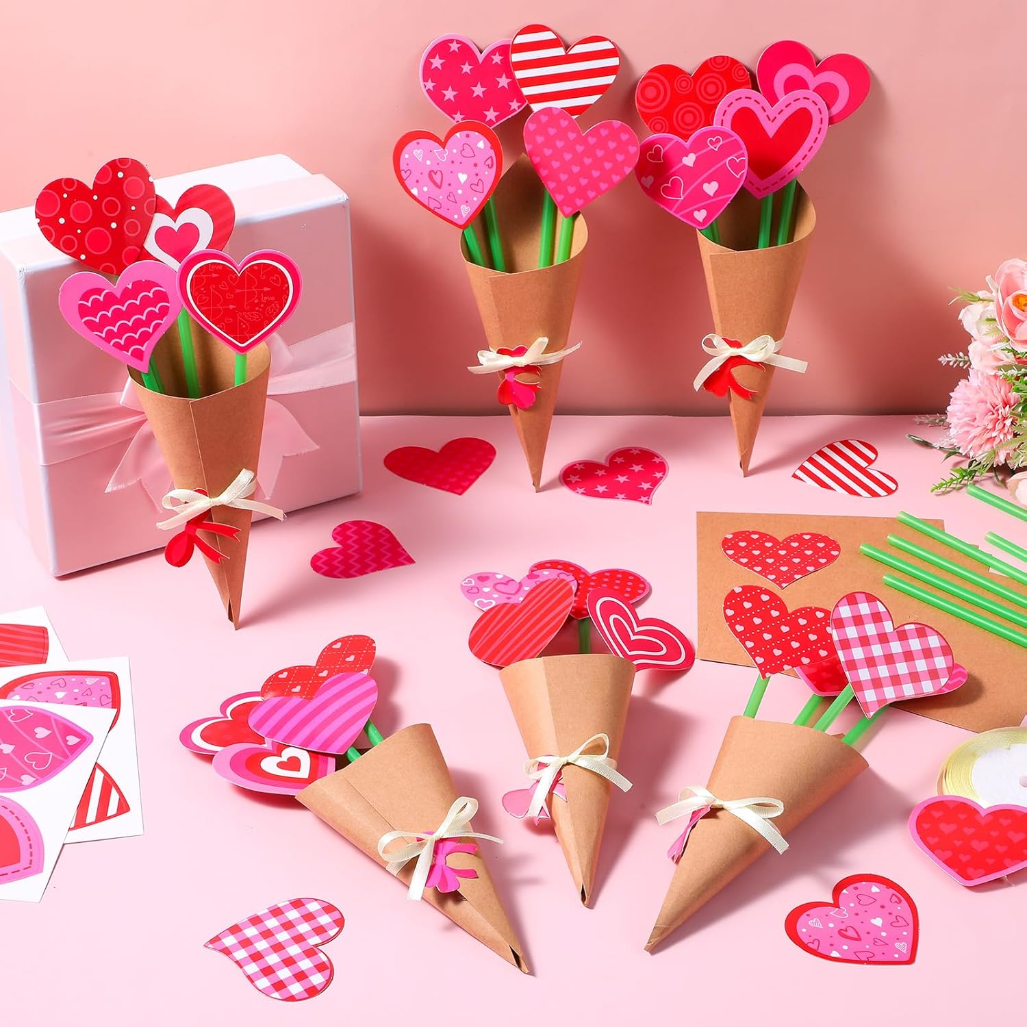 Funrous 48 Set Valentine's Day Heart Shaped Flower Bouquet Crafts Making Kit DIY Paper Flowers for Crafts Make Your Own Bouquet for Valentine's Day Party Activity Gift Handmade Project