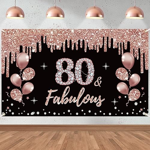 Decoraciones de cumpleaños número 80 y fabuloso cartel de cumpleaños para mujer, color oro rosa, suministros de fiesta, fondo de cumpleaños de 80