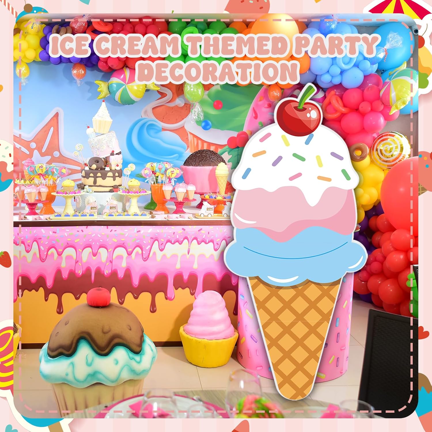 5.2 FT Large Ice Cream Cone Cardboard Cutout Stand up Ice Cream Photo Booth Props for Summer Birthday Party Baby Shower Decorations Sweet Theme Shop Photo Booth Props Backdrop