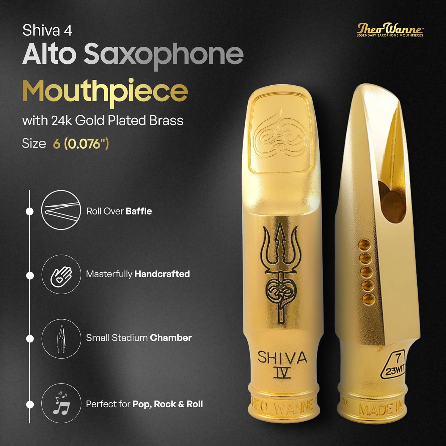 Theo Wanne Shiva 4 Alto Saxophone Mouthpiece with 24k Gold Plated Brass, Step and Rollover Baffle, Laser-Beam Focus & Small Chamber for Pop, Rock and Roll, Funk & Commercial Genres - Size 7(.081")