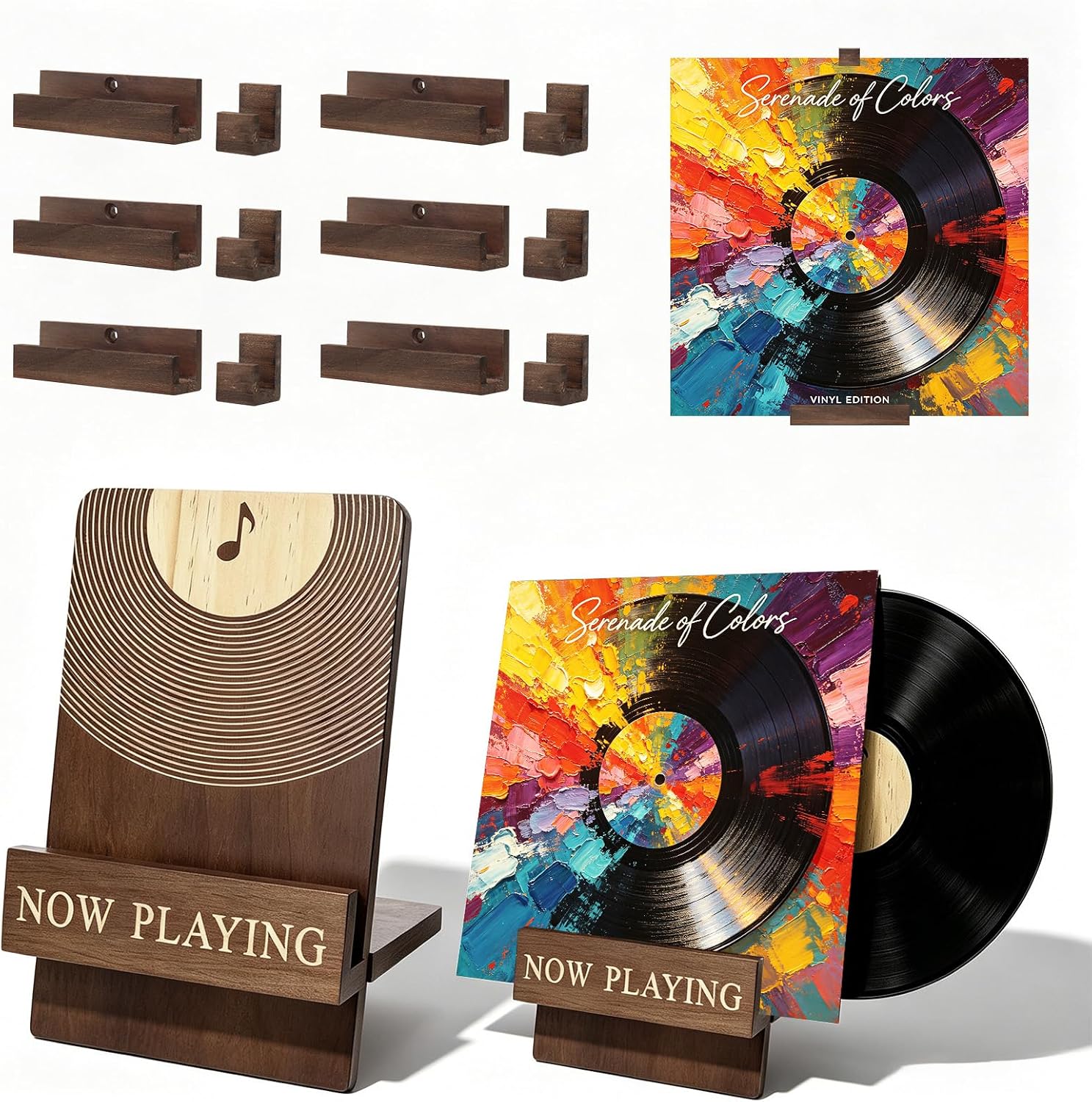 6 Pack Vinyl Record Wall Mount & Now Playing Vinyl Record Stand Set | Natural Wood, Vinyl Record Wall Display, Now Playing Stand, Easy Installation, Home Music Decor