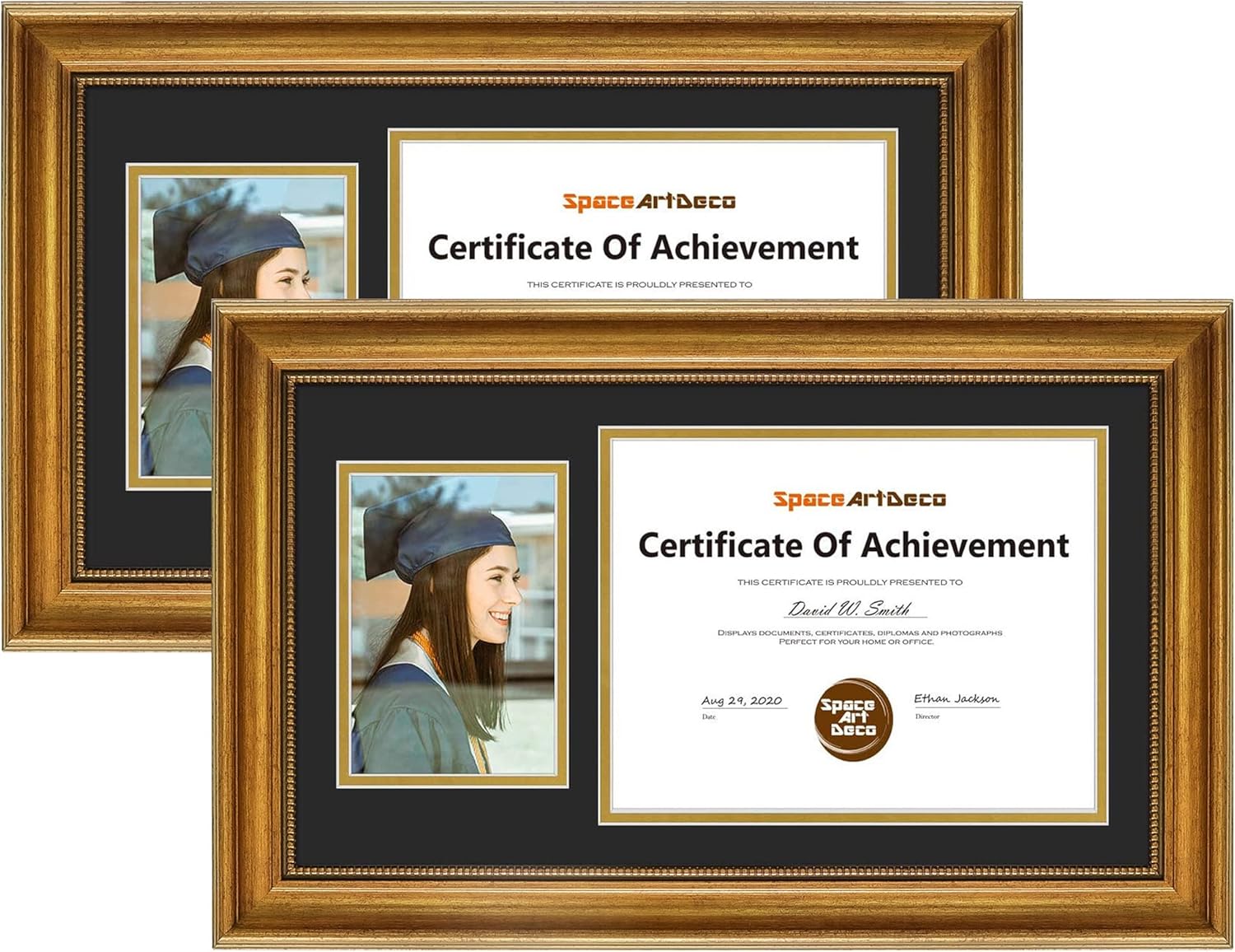 Space Art Deco, Marco de diploma de 11 x 19.5 pulgadas con paspartú doble negro sobre dorado para documentos de 8.5 x 11 pulgadas y una imagen de 5