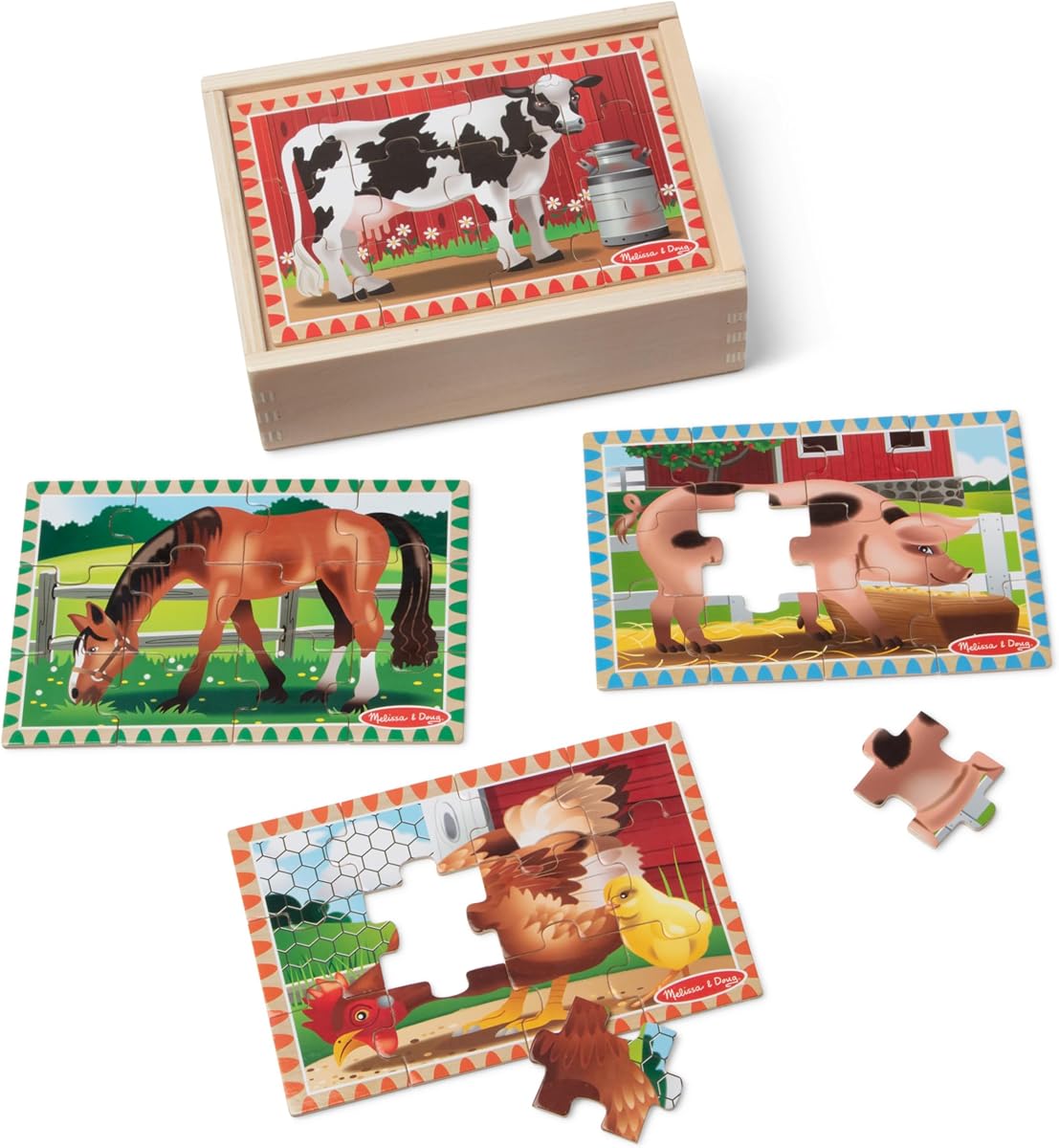 4‑in‑1 Wooden Farm Jigsaw Puzzle Set, 48 Pieces with Storage Box, Toddler Puzzle Toy for Kids Ages 3+