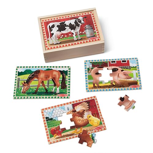 Melissa & Doug 4‑in‑1 Wooden Farm Jigsaw Puzzle Set, 48 Pieces with Storage Box, Toddler Puzzle Toy for Kids Ages 3+