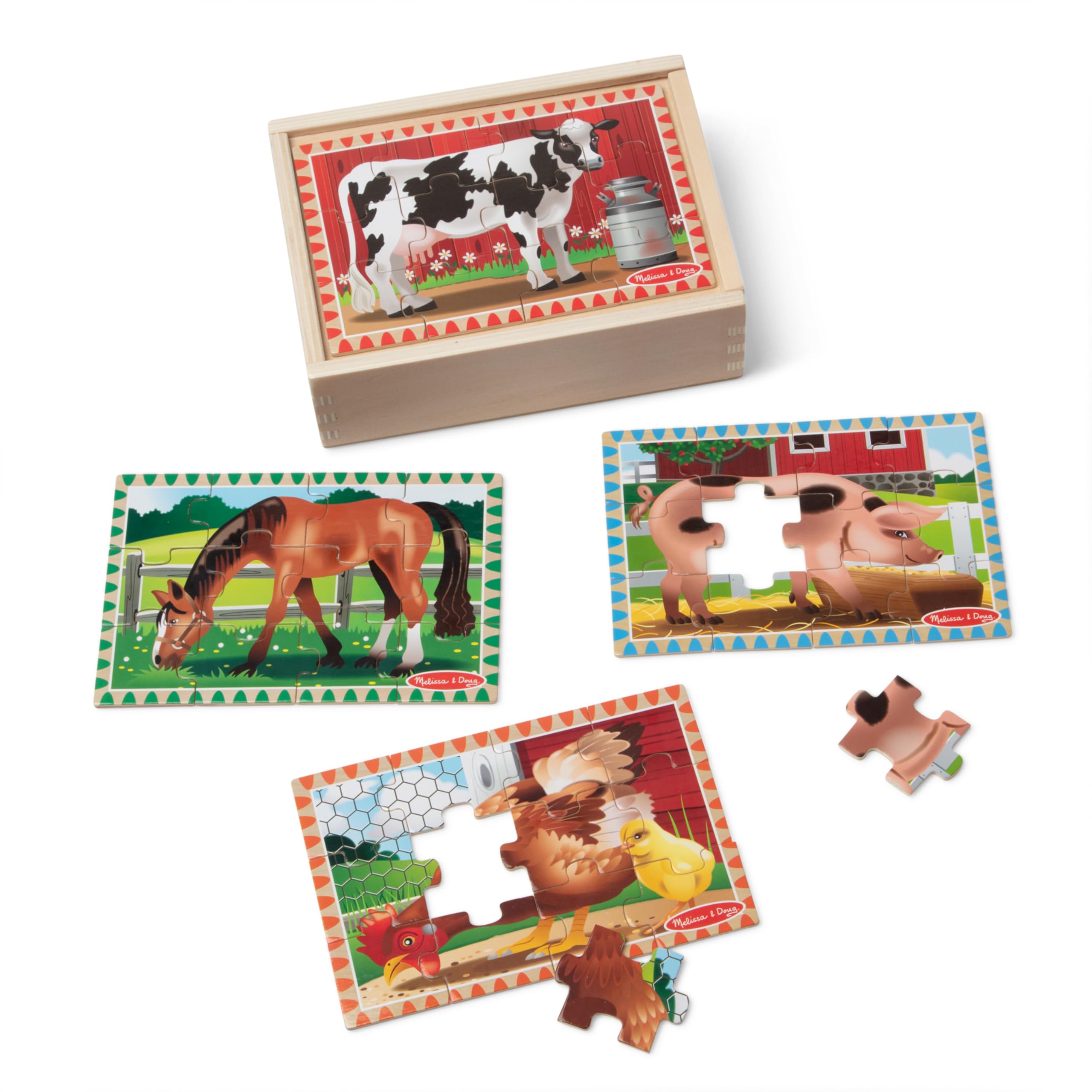 Melissa & Doug 4‑in‑1 Wooden Farm Jigsaw Puzzle Set, 48 Pieces with Storage Box, Toddler Puzzle Toy for Kids Ages 3+
