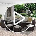 Image of DEVOKO 6 PCS L-Shape Patio Rattan Dining Set with Cushioned Chairs, Ottomans & Wood Dinning Table Top for Porch, Lawn, Garden, Backyard (Dark Brown & Off-White)