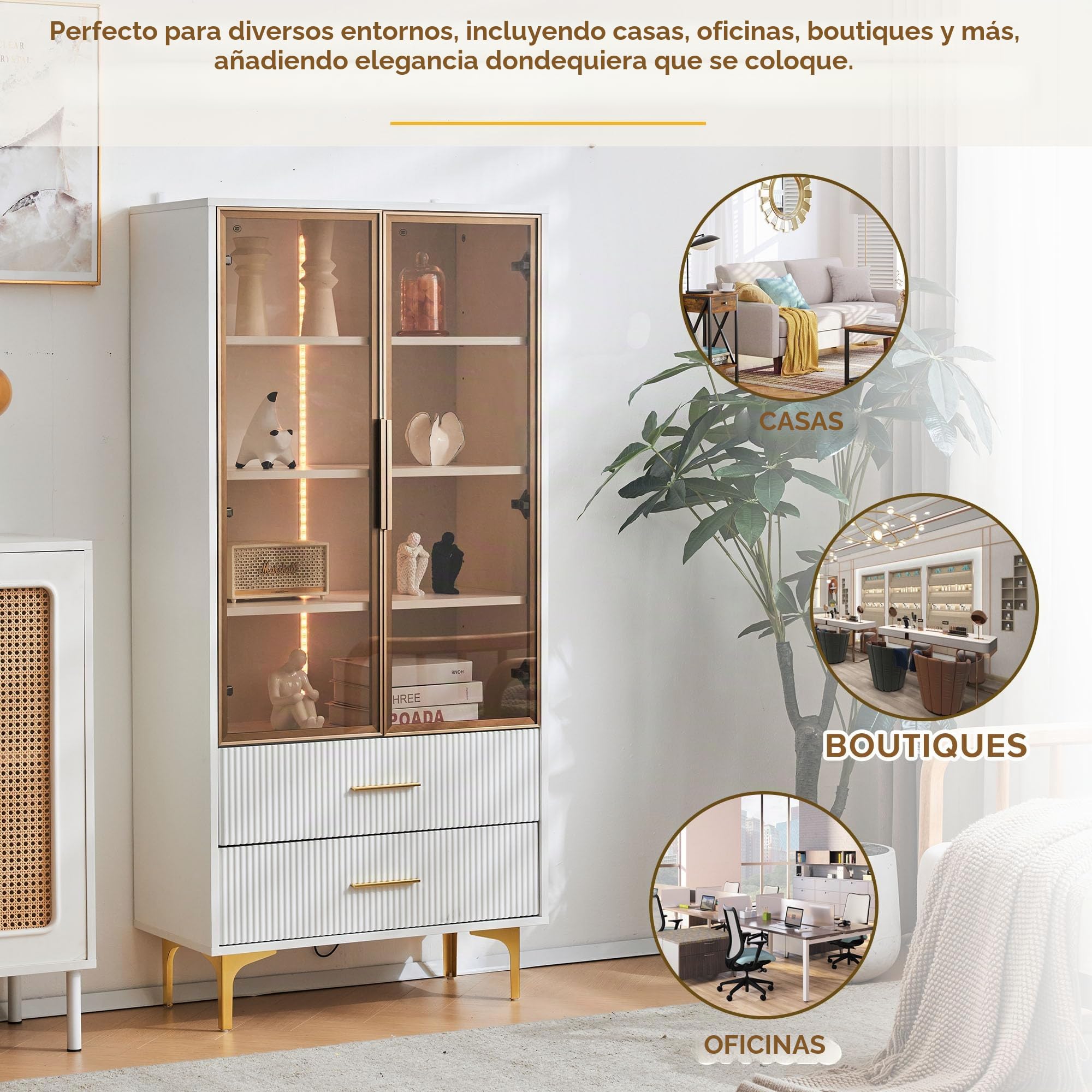 Azkoeesy Moderna Vitrina de Cristal para salón - 70 x 35 x 150 cm - 2 Puertas de Cristal y 2 cajones - Diseño antivuelco - Blanco, Tiradores y Patas de Metal Dorado