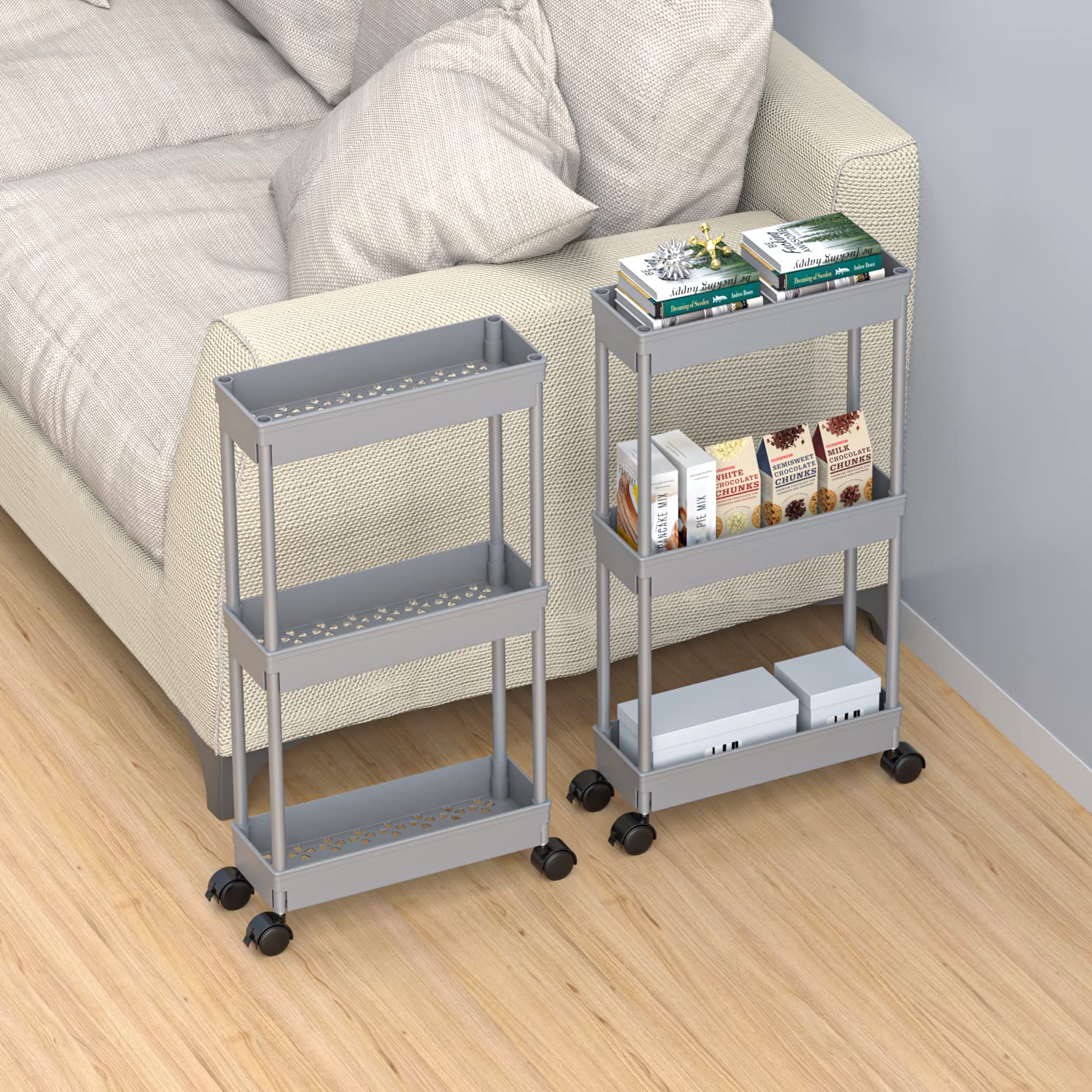 Sooyee Chariot de Rangement Fin à 3 Niveaux pour Salle de Bain, Chariot de Rangement Coulissant, étagère Mobile pour Bureau, Salle de Bain, Cuisine, buanderie, endroits étroits, Gris