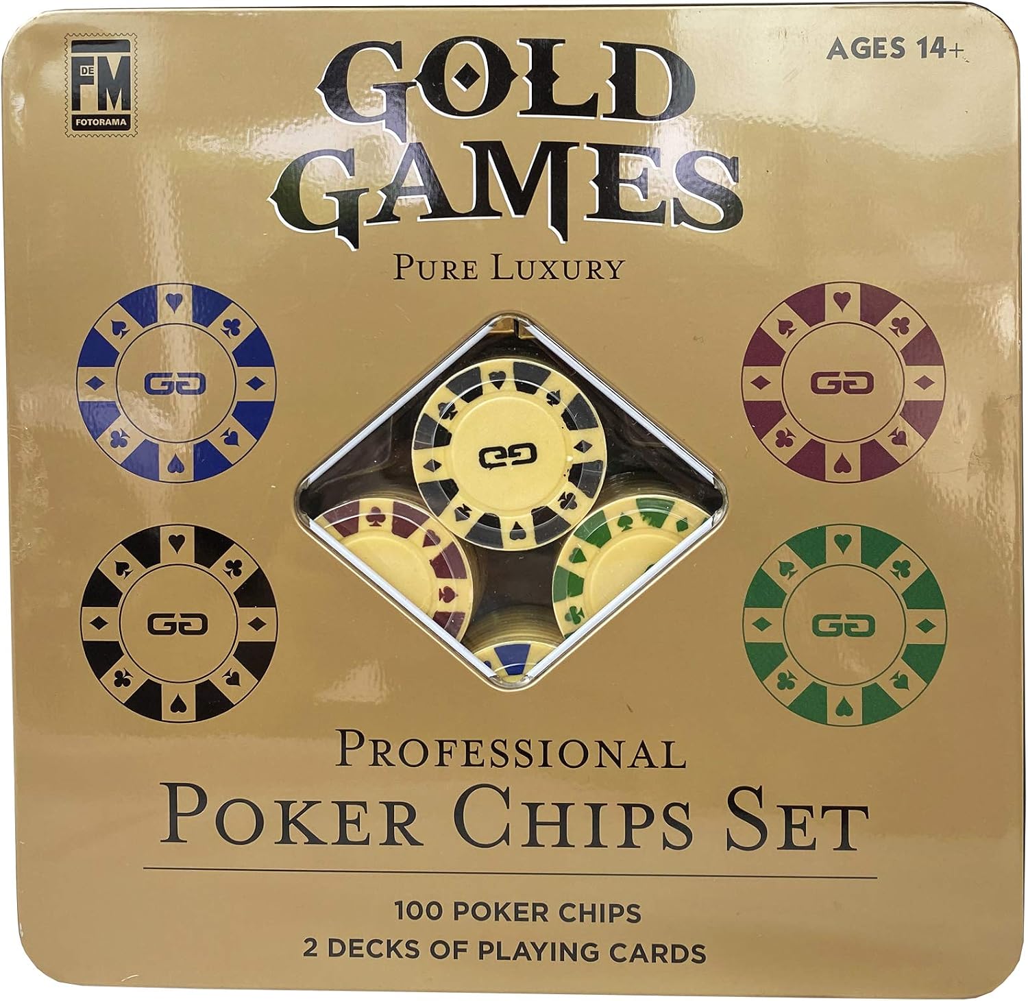 Gold Games Professional Poker Chips Set, 100 Poker Chips, 2 Decks of Playing Cards, Water-Resistant, Gold and Bold in True Casino Style