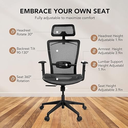 Miniatura 6 de SANODESK OS3 - Silla de oficina ejecutiva grande y alta, silla de computadora de malla ajustable en altura con reposacabezas ajustable y soporte