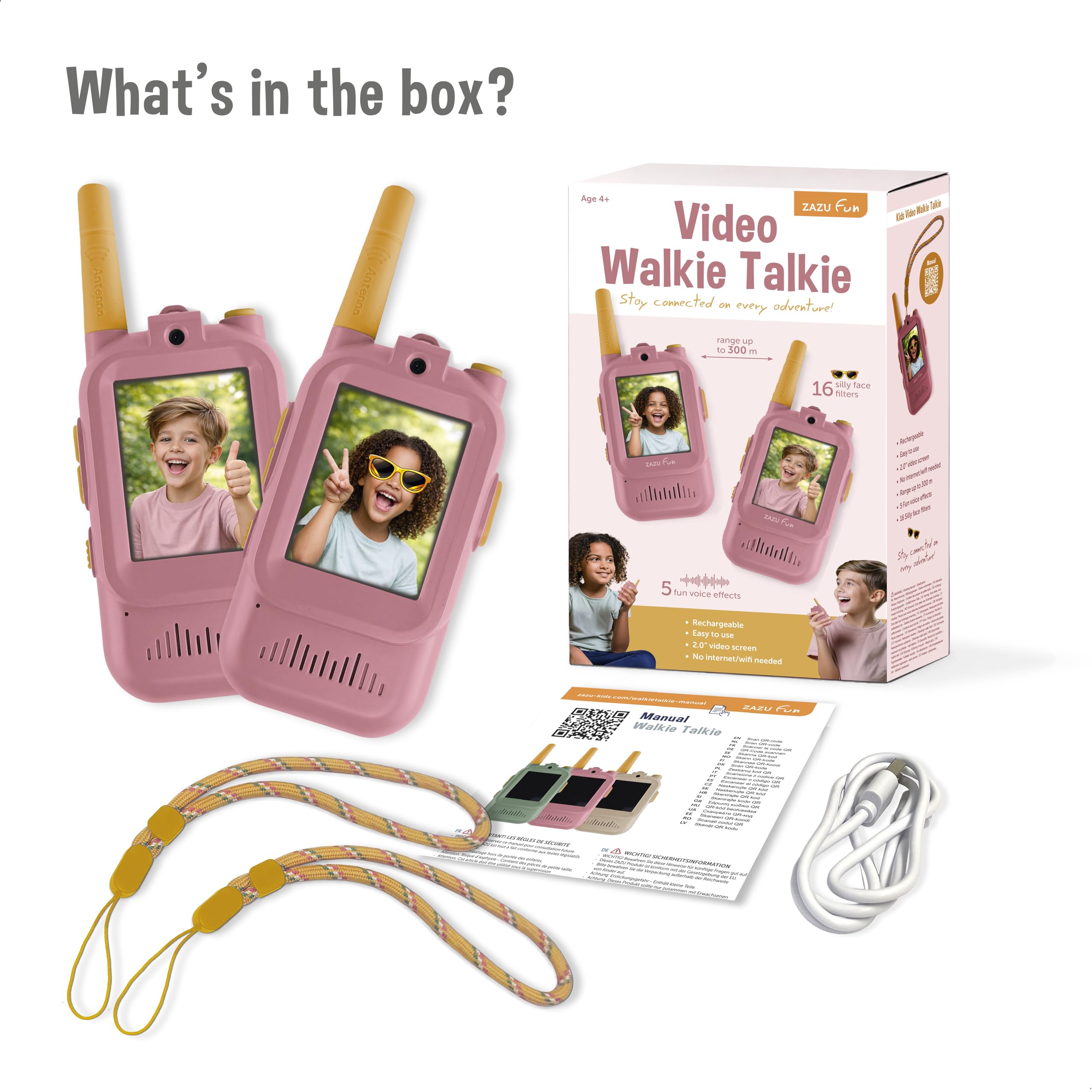ZAZU Video Walkie Talkie für Kinder mit Kamera – 2er Set, 300m Reichweite, 2.0” Bildschirm, USB wiederaufladbar, 5 Stimmeffekte & 16 Filter – Funkgerät mit Video für Indoor & Outdoor (Rosa)