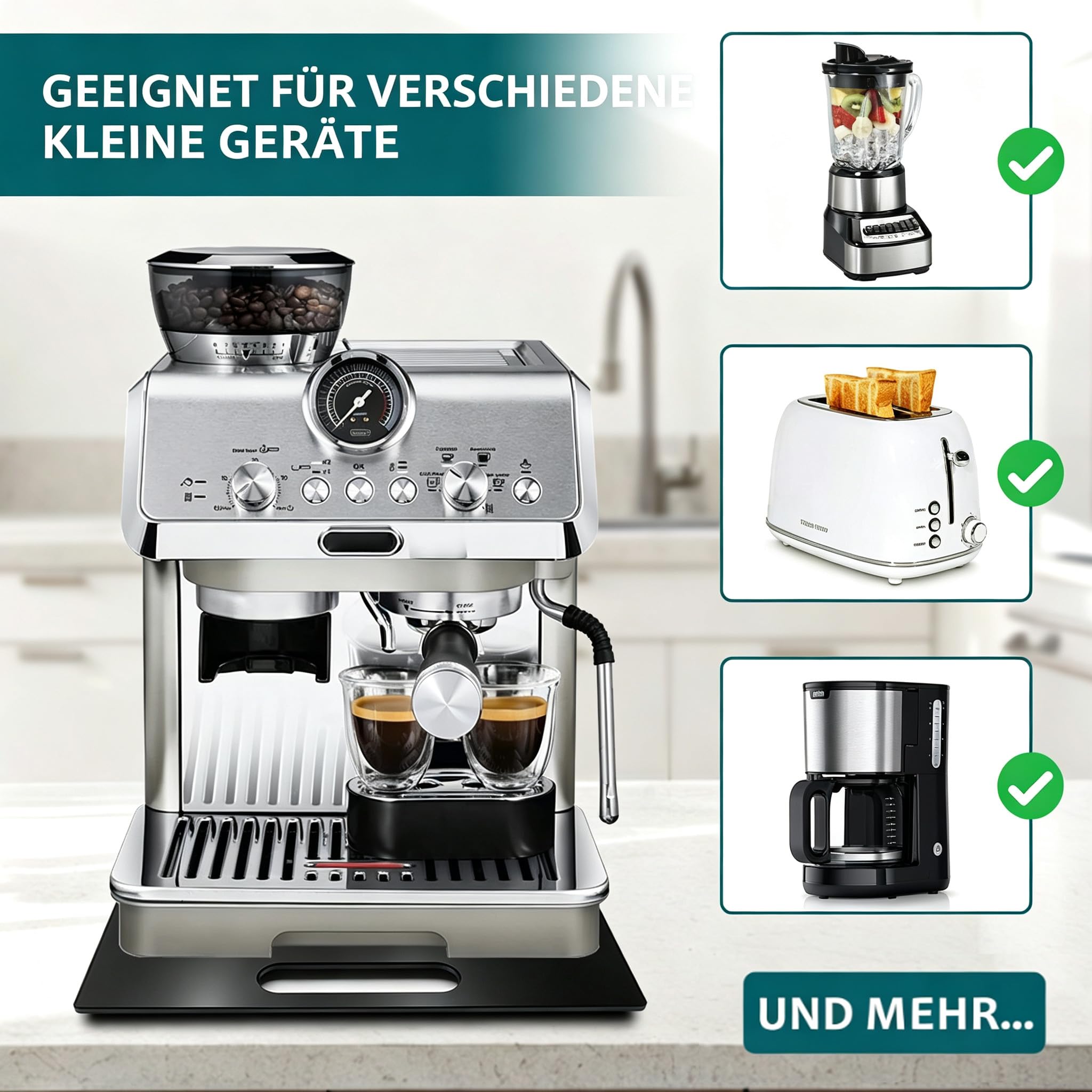 Tavola scorrevole in acrilico per macchina da caffè automatica, ruote a 360° con manico (33 x 40 cm)