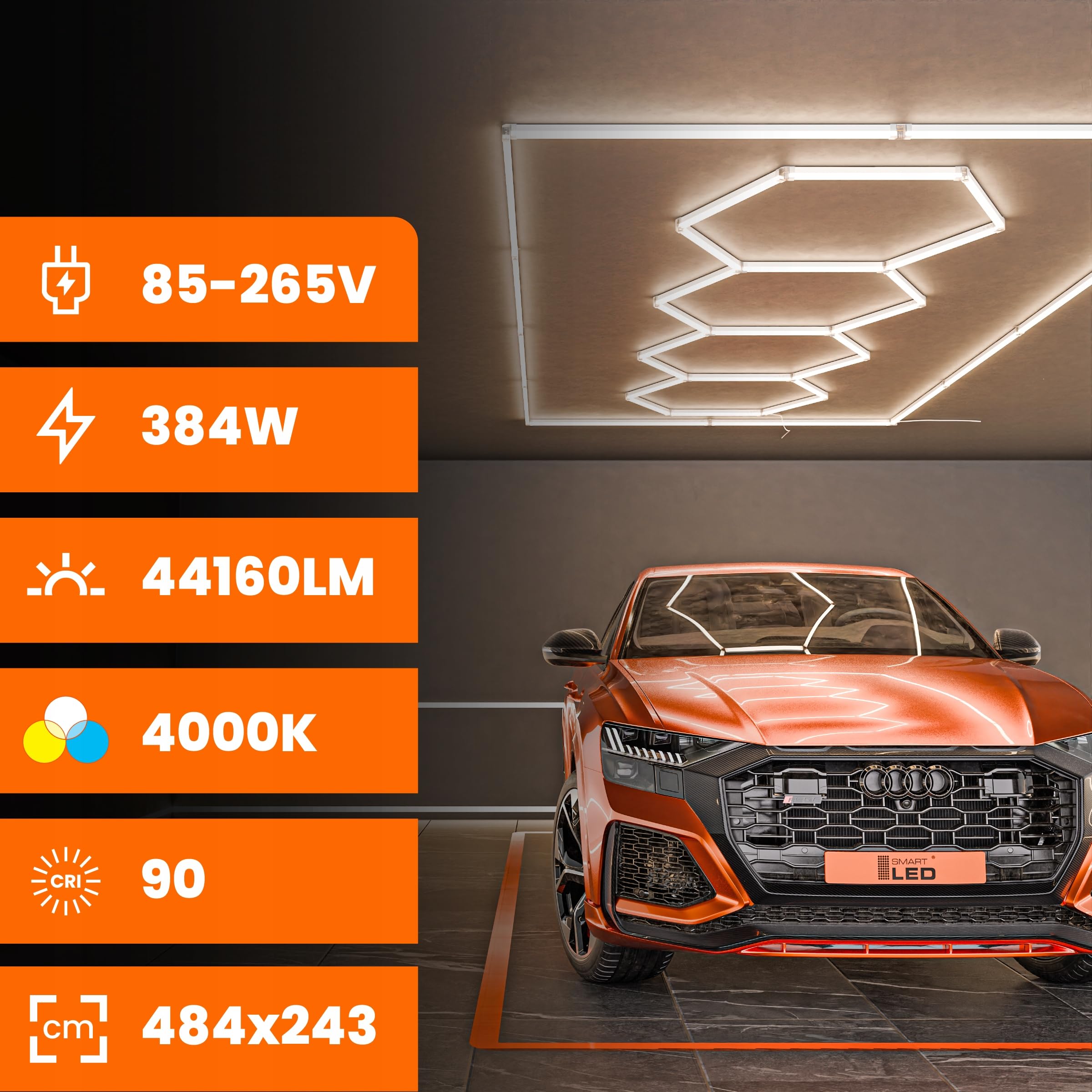 Garagenlampe LED 5-Hex 384W 4000K Verformbare LED Werkstatt Deckenleuchte DlY Sechseck Garage Licht für Garage, Werkstatt, Lager, keller, Fitnessstudio, Hexagon (484x243)