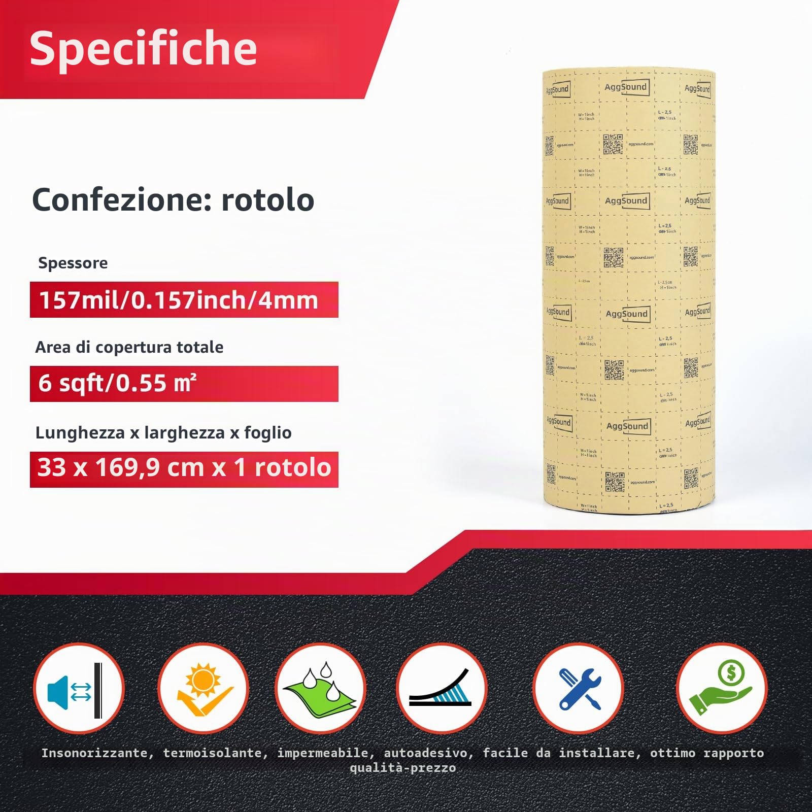 Tappetino isolante autoadesivo 4mm 170×33cm 0,56㎡ isolamento acustico termico auto