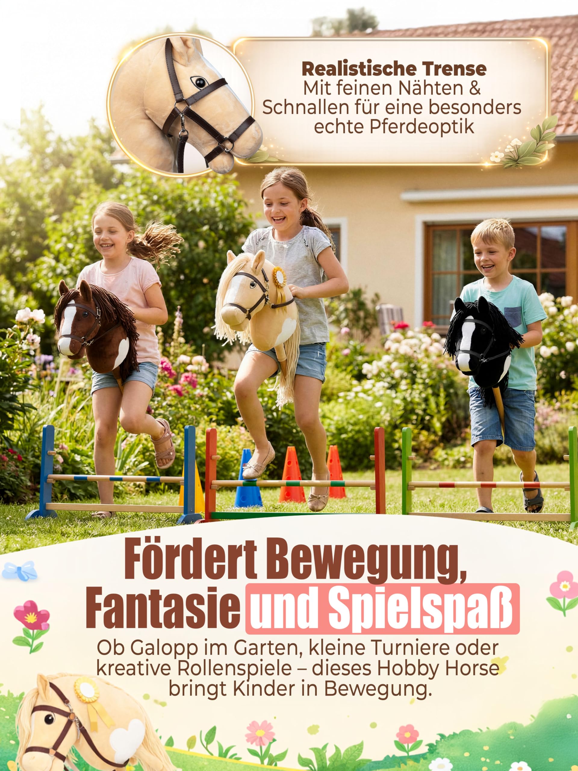 Hobby Horse Steckenpferd – Handgefertigtes Stockpferd für Kinder 4–12 Jahre - Realistisches Hobby Horsing Pferd mit verstellbarem Gurt & Turnierschleife (Braun & Weiß)