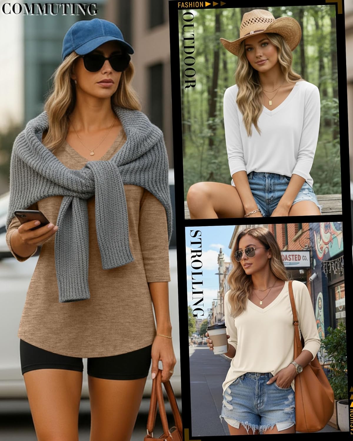 Ficerd 4 Pack Women's 3/4 Sleeve T Shirts, V Neck Casual Tunic Tops Loose Fit Cotton Basic Shirts Solid Color Fashion Tees - Image 2