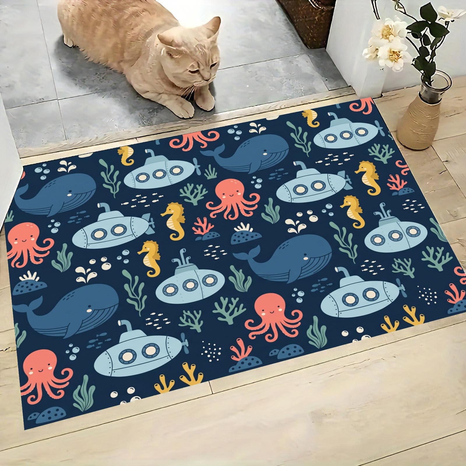 Felpudo de Entrada 60x120cm, Alfombra Vida Marina Atrapapolvo Alfombra Ballena Antideslizante Lavable, Alfombrilla con Microfibras Suaves Absorbentes para Puerta, Pasillo, Azul Marino