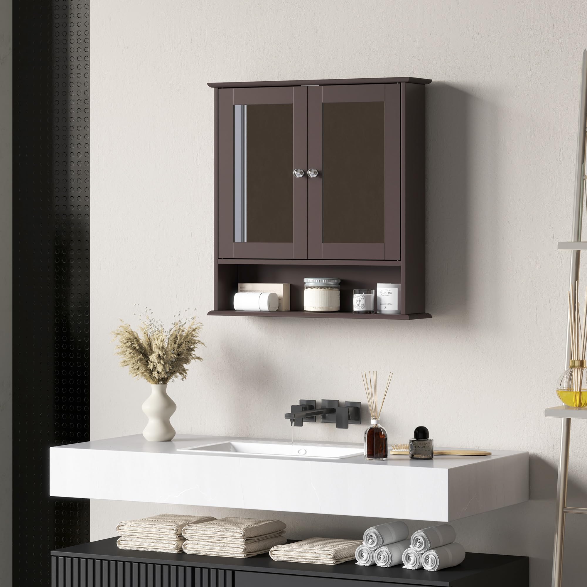 kleankin Armario de Baño con Espejo, Armario de Pared con 2 Puertas, Estante Abierto, Estante Ajustable, Mueble de Baño Colgar para Cocina, Salón, 56x13x58 cm, Marrón Oscuro