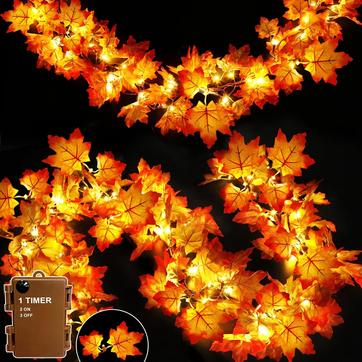 Timer - 2 Pack Fall Decor Fall Garland with Pumpkin Lights Battery Operated