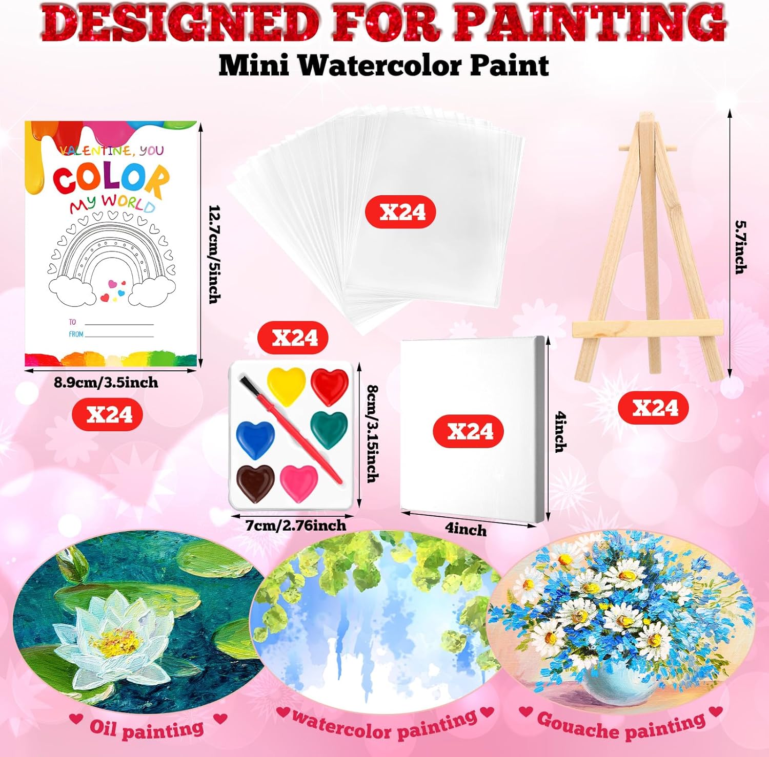 Daifunli 72 Pcs Valentine's Day Gifts for Kids Includes 24 Heart Shape Watercolor Paint Valentine's Day Cards and Canvas Panel with Wooden Easel Valentines Exchanges Party Favor(Novel Style)
