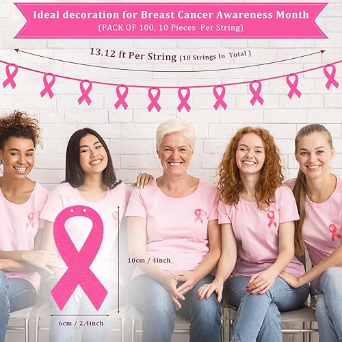 Miniatura 2 de Irenare Guirnalda de fieltro de cinta rosa de 13.1 pies de 13.1 pies para decoración de concientización sobre el cáncer de mama, guirnalda de cinta