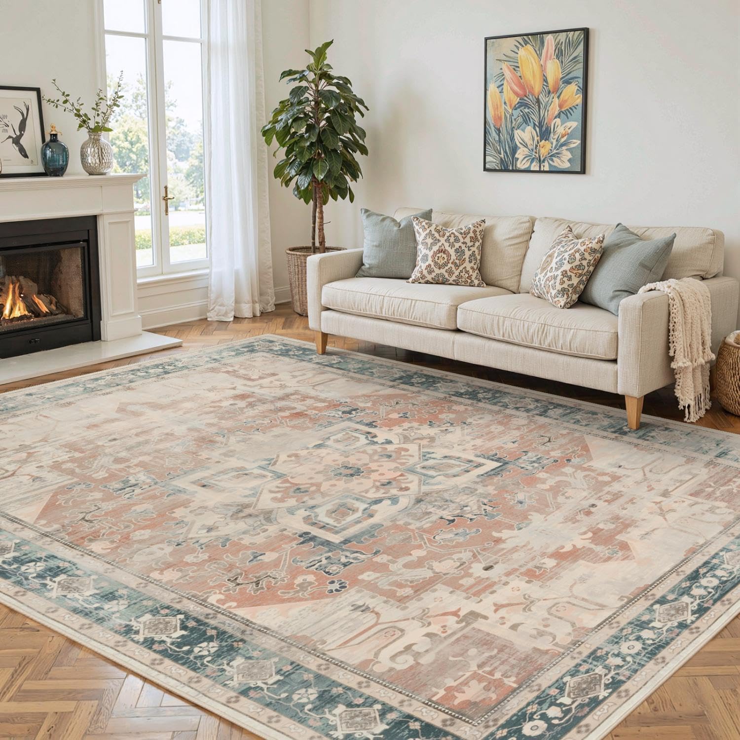 6x9 Washable Area Rug for Living Room, Vintage Large Boho Rugs for Office, Dining Room, Kids Room, Farmhouse, Low Pile Non Slip Carpet for High Traffic Areas, Coral