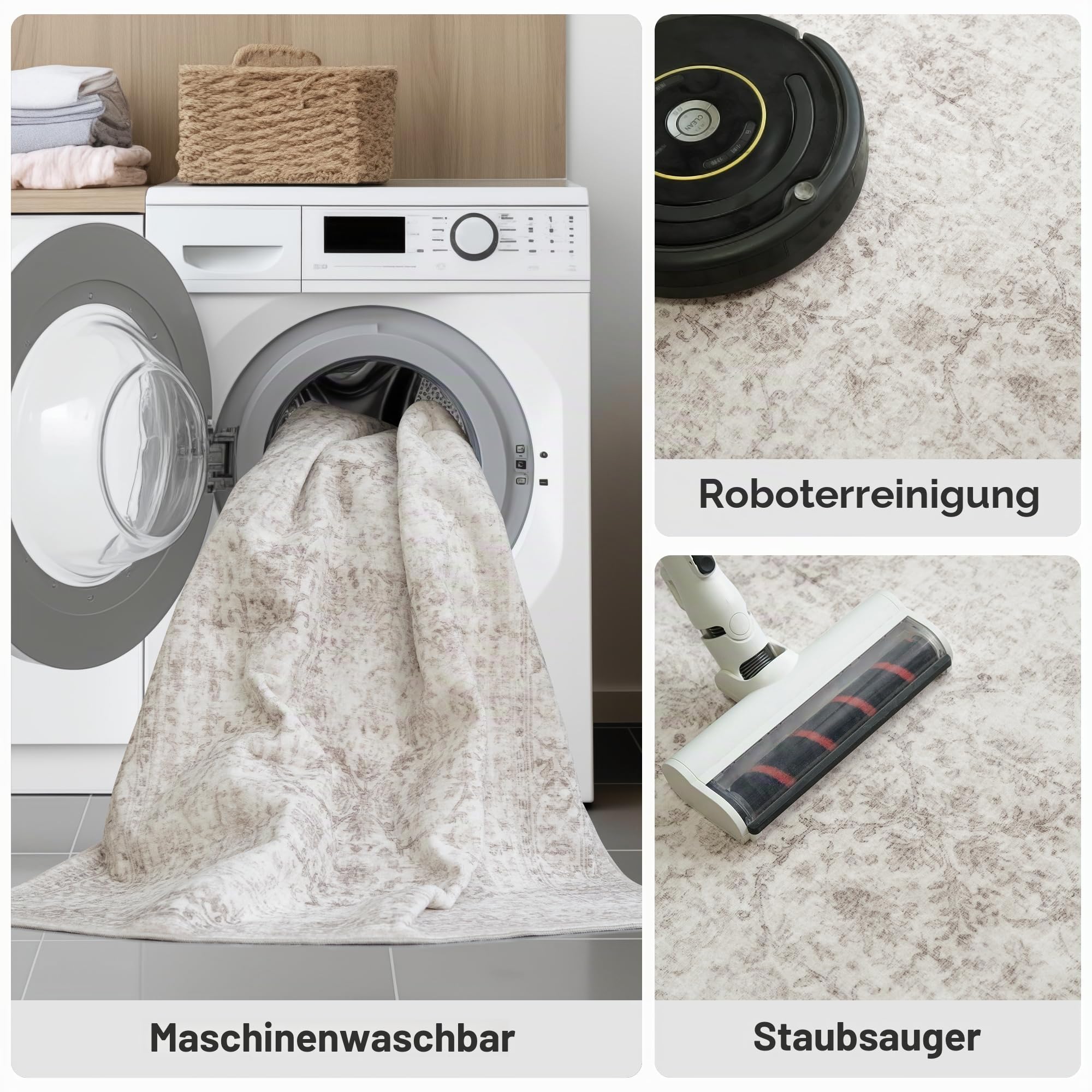 FMFUNCTEX 244x305 cm Waschbarer Teppich Beige Vintage Neutral Used-Look Groß Rutschfest Teppich für Wohnzimmer Schlafzimmer Weich Niedriger Flor Innenmatte Retro Blumenmuster Überwurf Teppich für