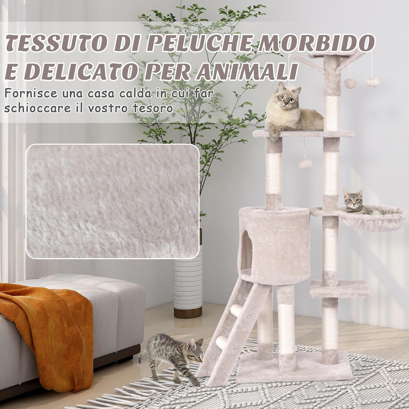 COSTWAY Tiragraffi per Gatti Alto 140 cm, Albero Tiragraffi Gatto con Tiragraffi in Sisal, Cesto, Piattaforma, Scala e Palline Pendenti, Torre Multi-Livello per Gatti da Interno