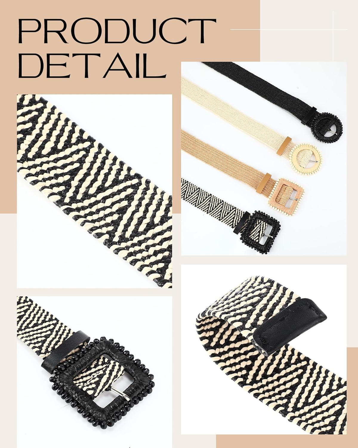 WILLBOND 4 Pcs Straw Woven Belt Elastic Stretch Rattan Buckle Waist Belt Women Skinny Raffia Dress Waist Band - Image 6