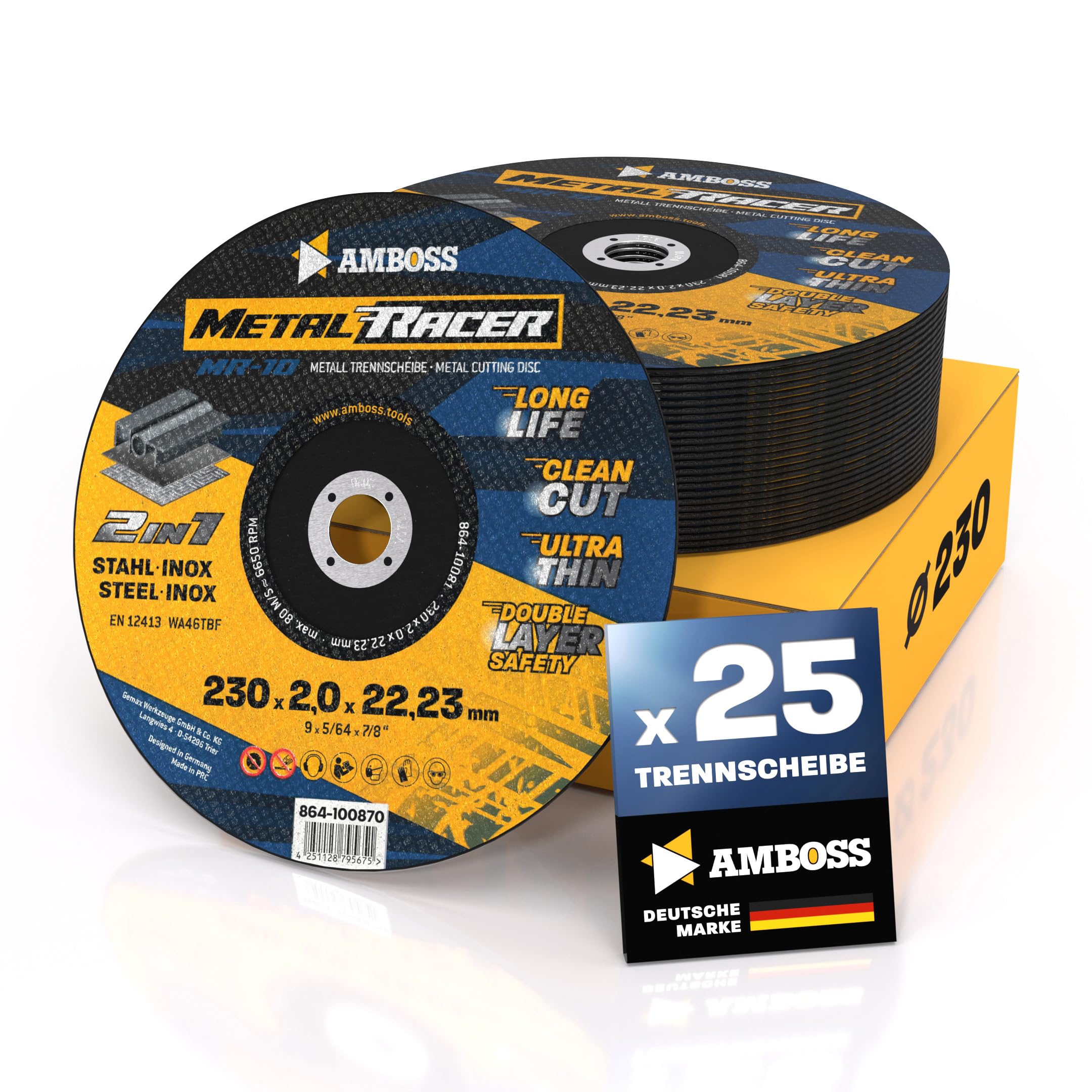 25x Metall-Trennscheibe Ø 230 x 2 x 22.23mm - Die Metalltrennscheibe Metal Racer by AMBOSS WERKZEUGE ist geeignet für Stahl & Edelstahl, Stahl/Inox Trennscheibe 230 passend für Winkelschleifer
