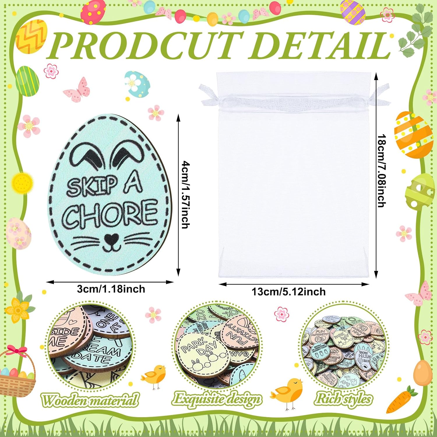 124 Pcs Easter Egg Tokens Set Includes 120 Wood Reward Bunny Tokens with 20 Different Engraved Sayings 4 Organza Gift Bags for Spring Prizes Stuffers Coins(Easter Egg,Light Color)