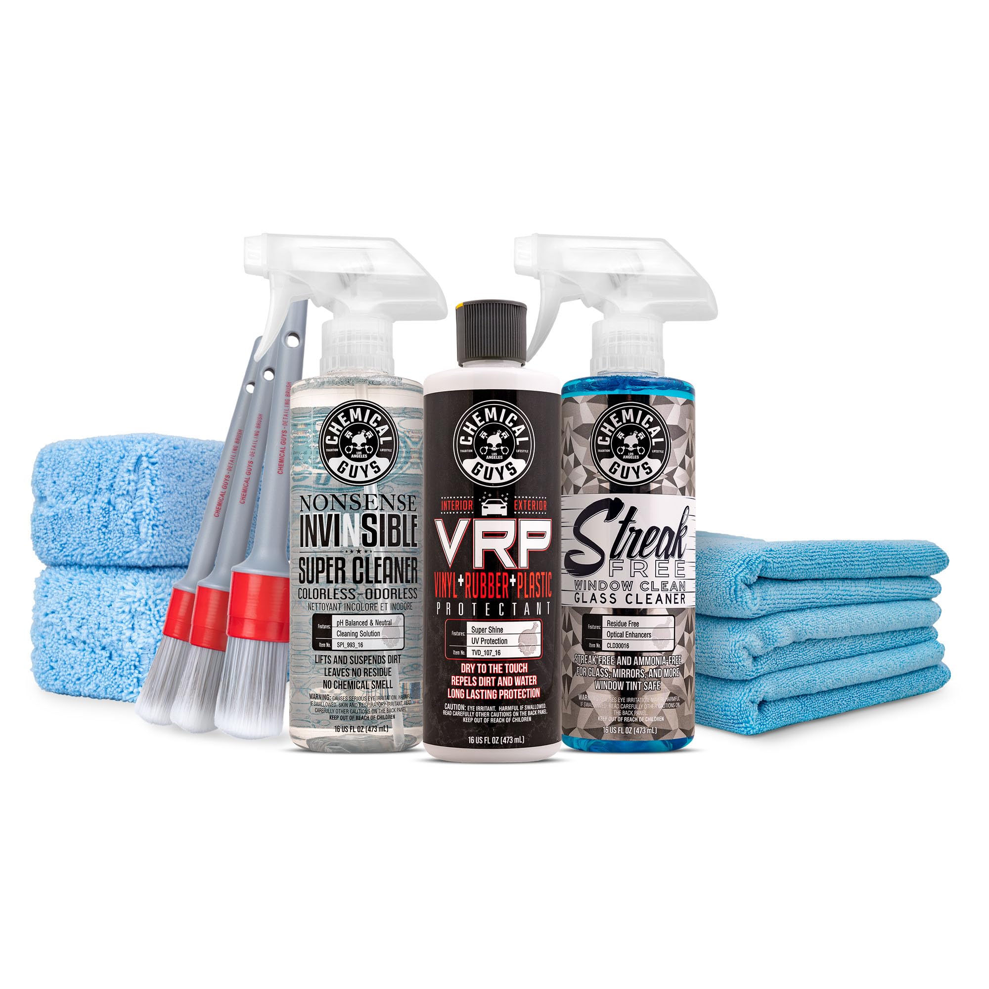 Chemical Guys Car Interior Detailing Kit - VRP Protectant Nonsense Cleaner Streak Free Glass Cleaner 3 Detailing Brushes