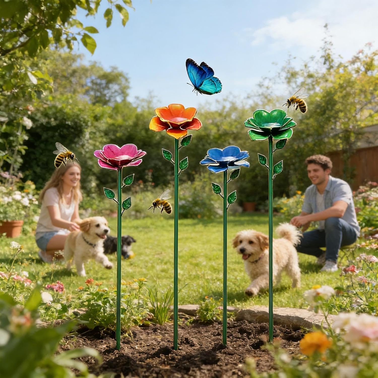 4PC Bee Watering Stations | Metal Bees Baths Stakes | Colorful Flower Bee Feeder Cups for Garden | Adjustable Butterfly Bird Watering Station Iron Stakes for Garden Decor