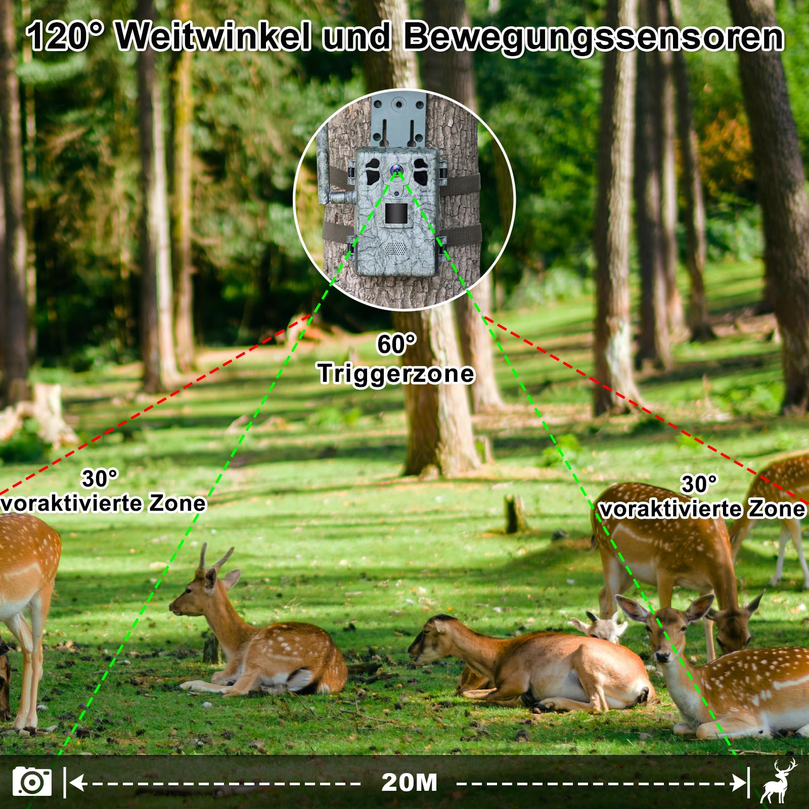 ZAIYW 4G LTE Solar Wildkamera 2,7K HD Live Video 120° 20M Bewegungsmelder 940nm No Glow Nachtsicht IP66 Wasserdicht