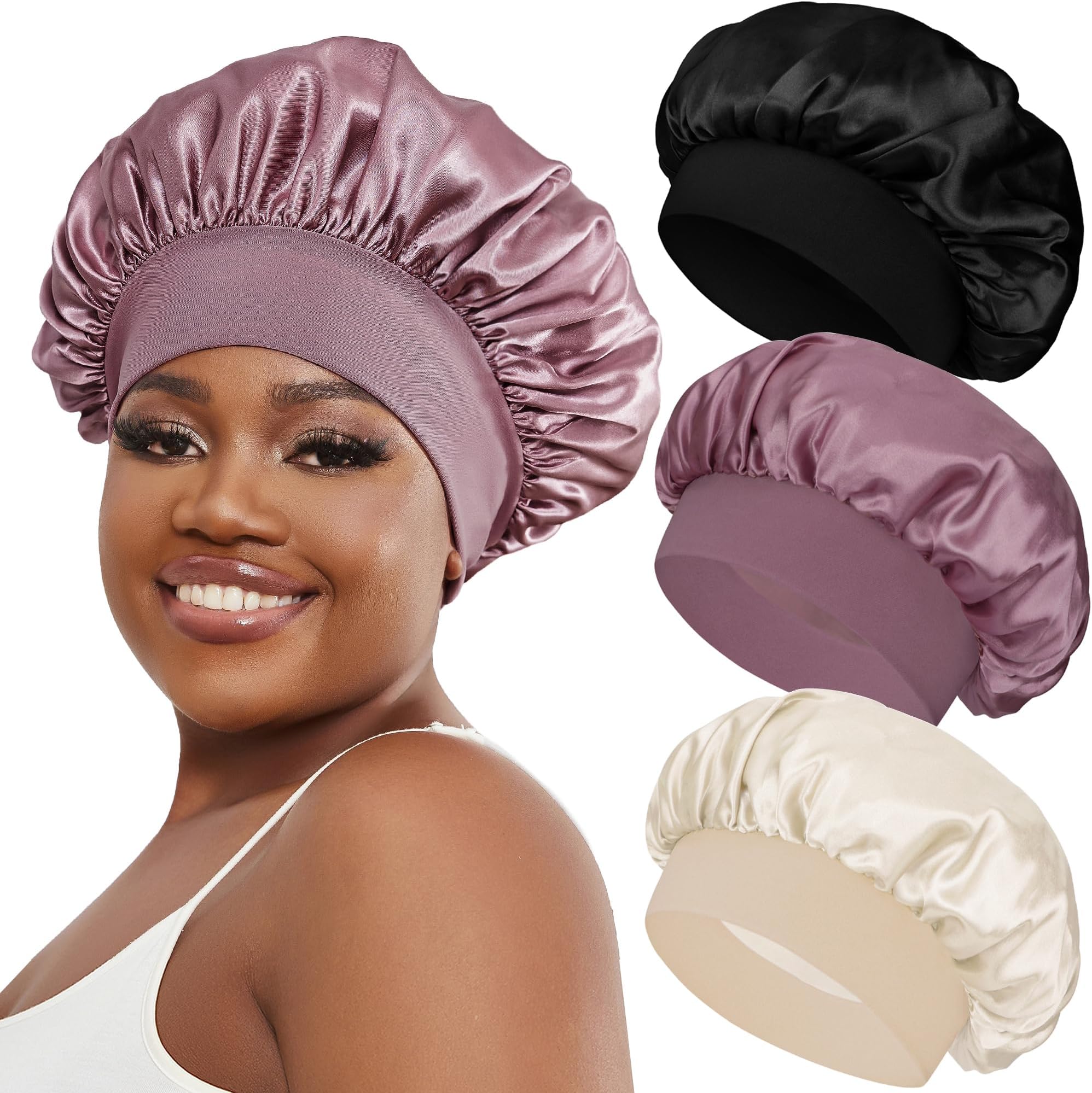 Kids Hair Bonnet For Sleeping - 3 Pieces Soft Silk Satin Bonnet With Elastic Wide Band Sleeping Cap Night Hair Cap For Girls Toddler Curly Hair-989818