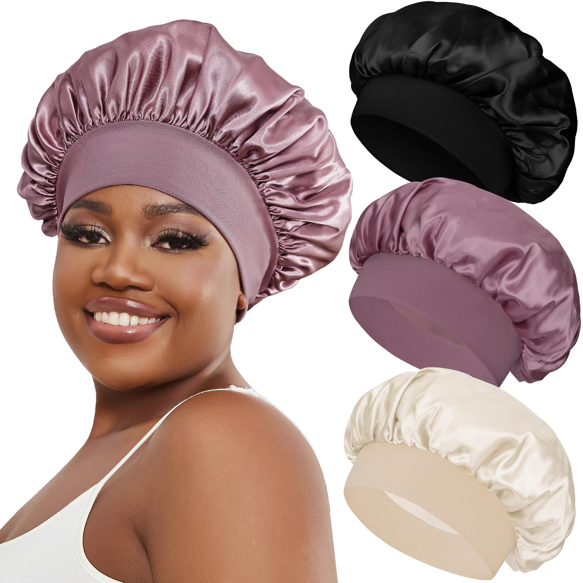 Satin Bonnet Silk Hair Cap for Sleeping Women & Men - Night Cap 3 Pack with Wide Band for Curly Hair (Black, Rose Gold, Beige)
