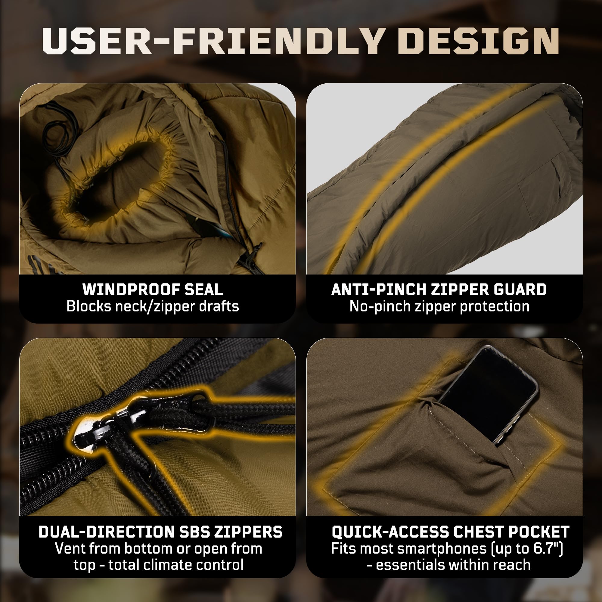 Mummy Sleeping Bag, Ultralight 4‑Season Sleeping Bag for for Adults, Military, Lightweight & Windproof, Cold Weather with Adjustable Hood, Phone Pocket for Camping, Hiking, Traveling