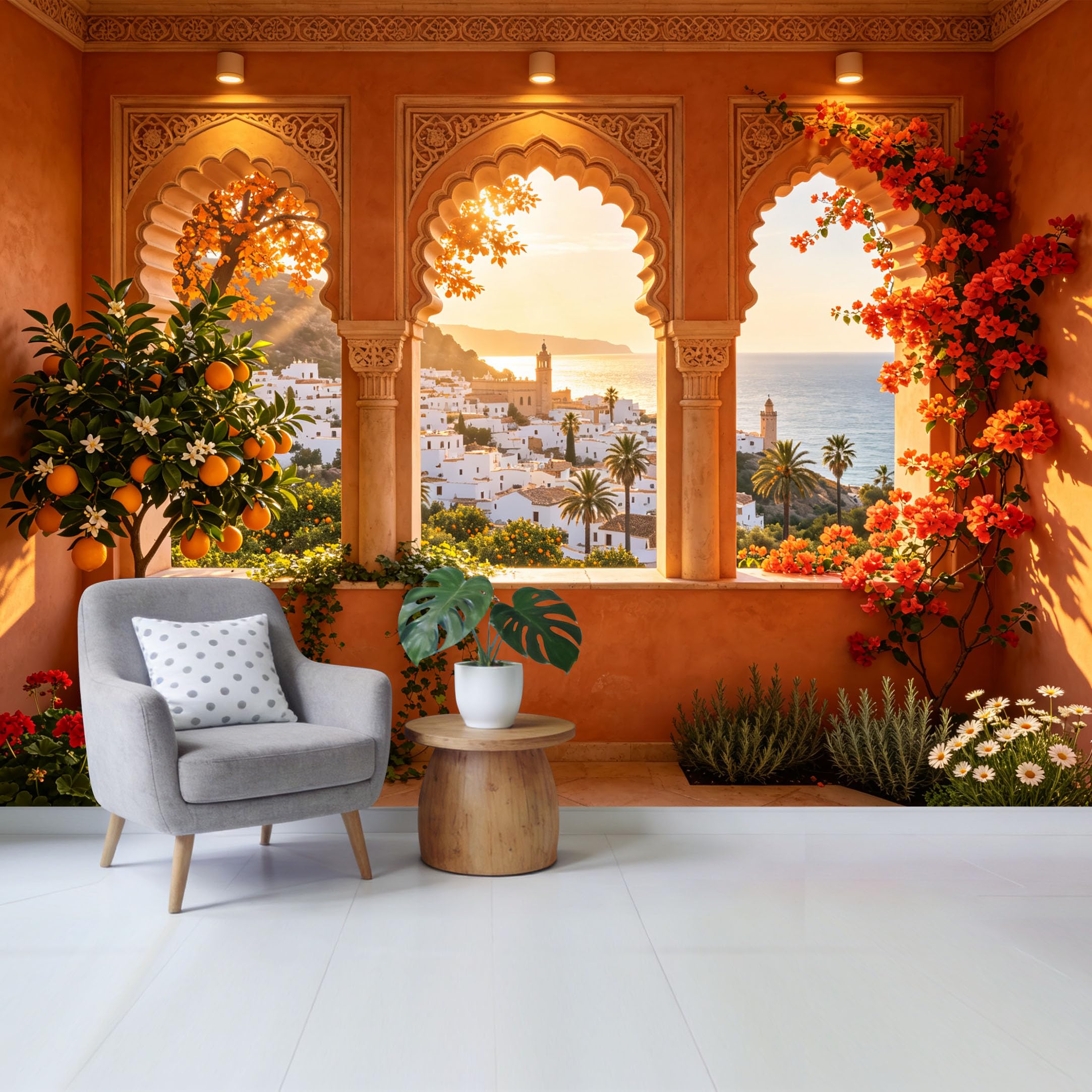 Custom Size Wall Mural Mediterranean Coastal Sunset View Orange Blossom Arch Garden Removable Self Adhesive Fabric Home Wall Decor for Living Room Bedroom Bathroom