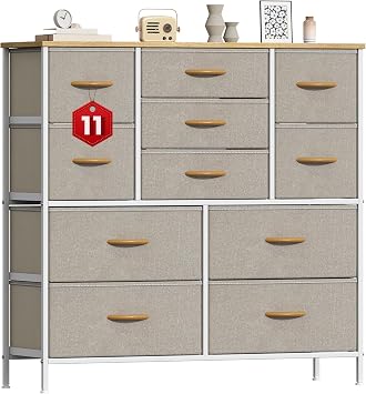 Chest of Drawers, Large Dressers with Metal Frame and MDF Wooden Top Board, Adjustable Feet, Anti-Tip Safety, Storage Unit with 11 Drawers for Bedroom, Living Room, Closet, Office Beige