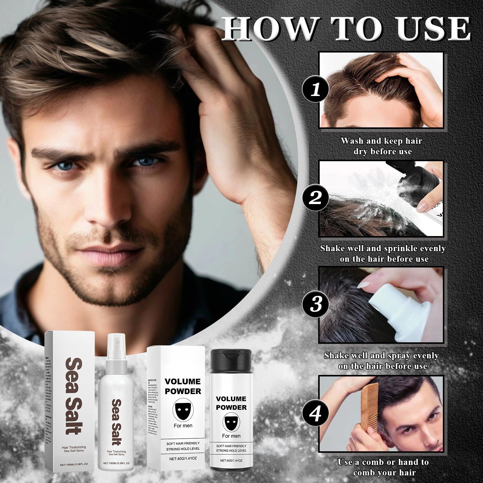 Cera in Polvere per Capelli Uomo 40g+ Based Texture Powder 100ml, Polvere Volumizzante Capelli Uomo, Tenuta a Lunga Durata, Esalta la Consistenza e il Volume