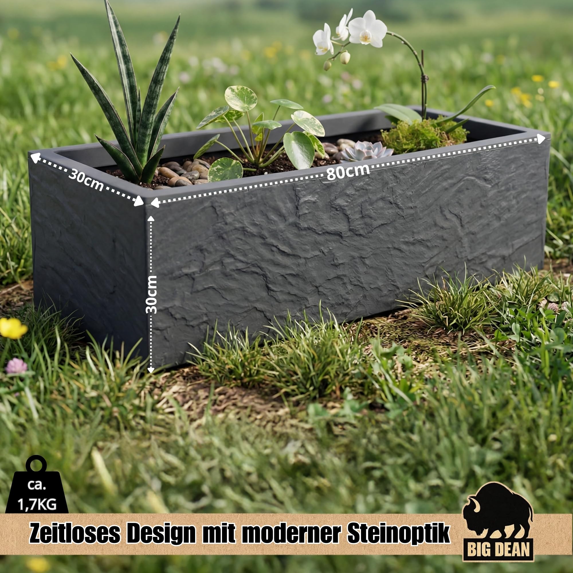 BigDean Pflanzkübel Vulkano 72L rechteckig Blumenkasten + Wasserspeicher | Kübel mit Wasserspeicher, Balkon Terrasse, Blumenkübel (Anthrazit)
