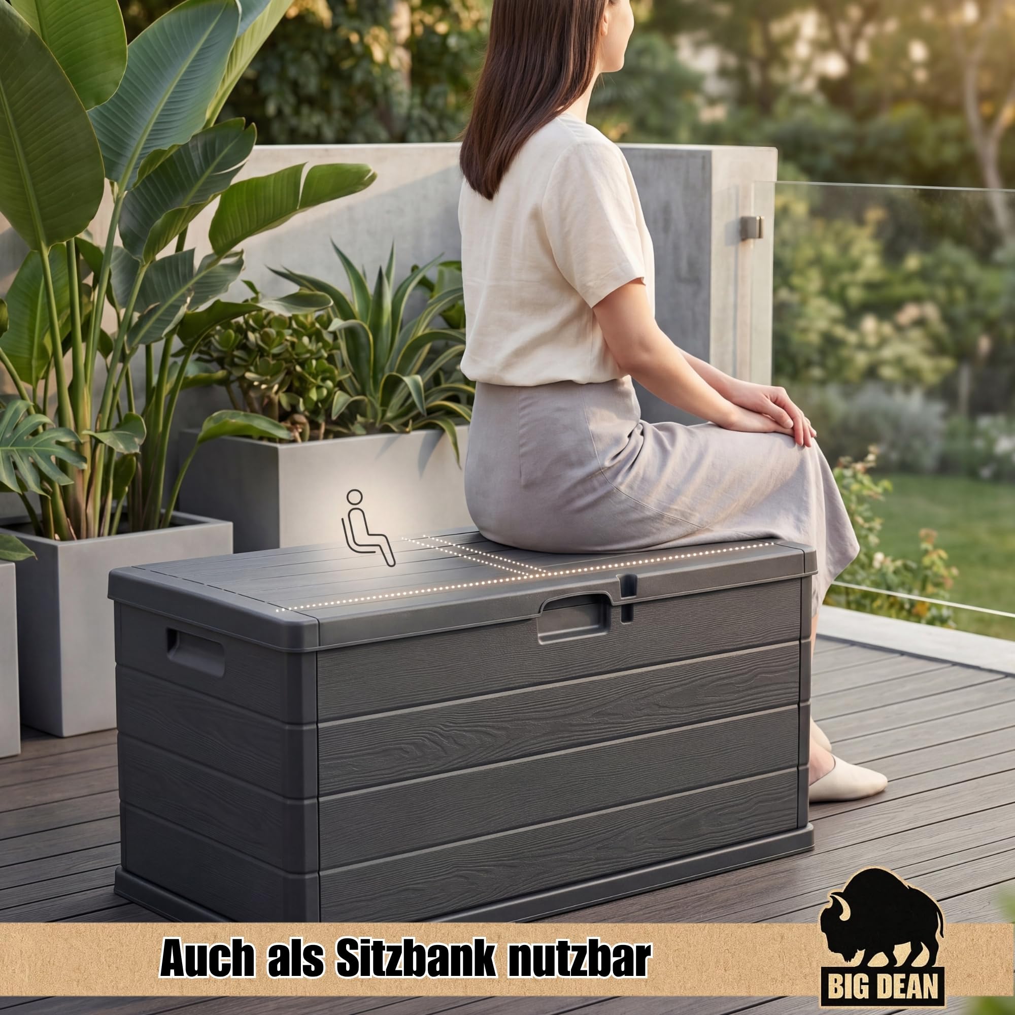 BigDean Auflagenbox Kissenbox Klicksystem 340 Liter Deckel abschließbar | Stabiler und überlappender Deckel hält Feuchtigkeit fern