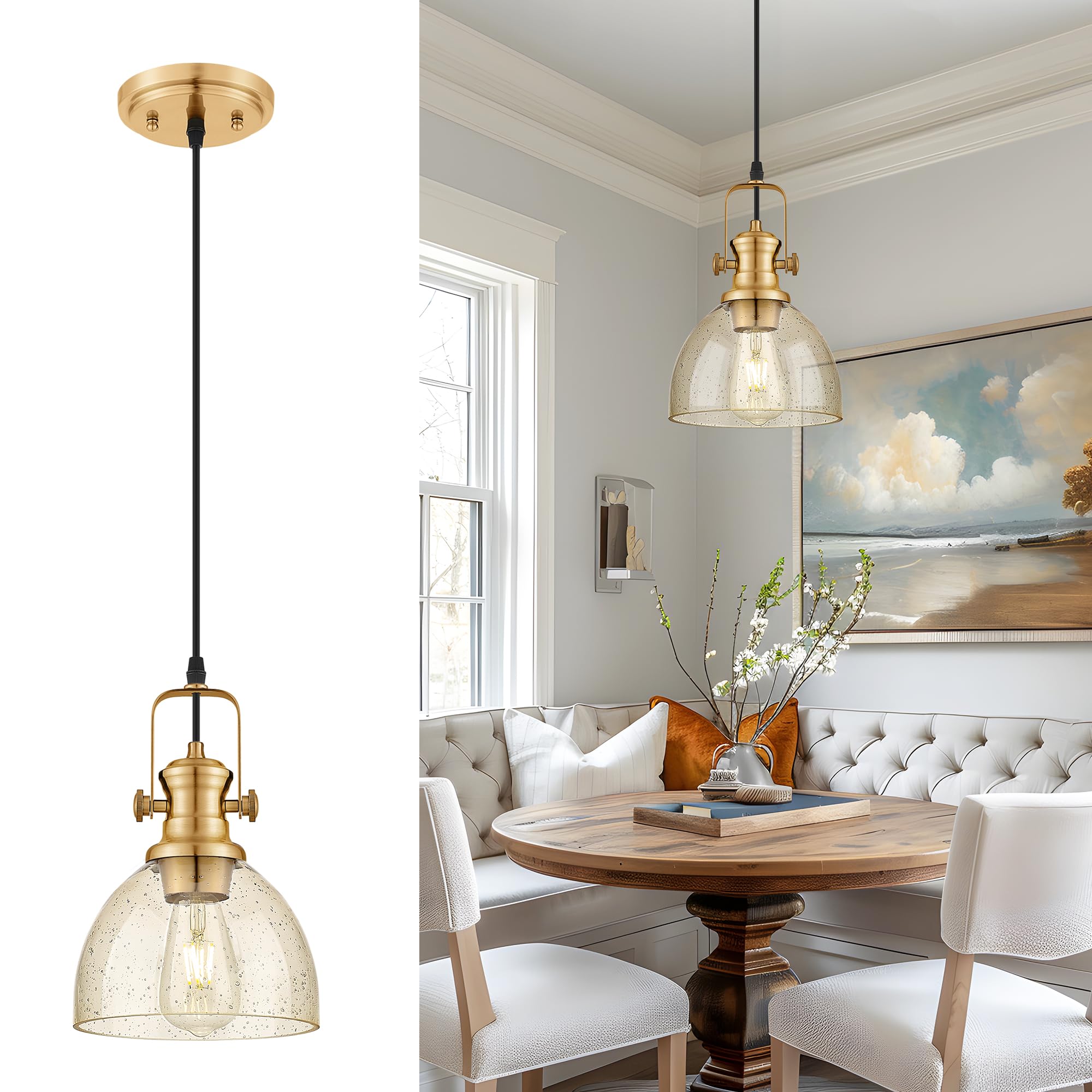 7.5" Gold Pendant Lights Kitchen Island, Amber Seeded Glass Shade