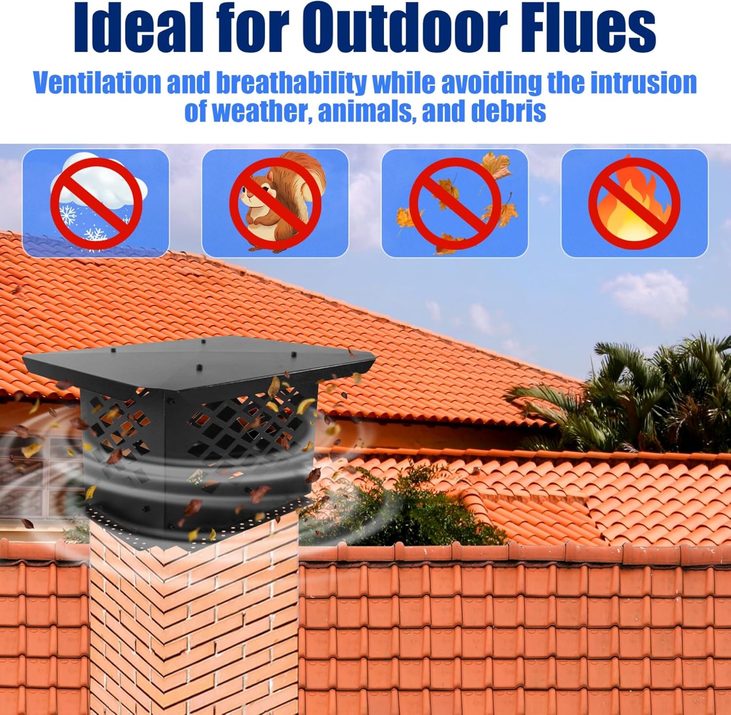 Chimney Cap 13" x 9" Chimney Cover Fireplace Chimney Caps All Weather Chimney Covers Adjustable Bottom and Side Mount Suitable for Outside Existing Clay Flue Tile Sizes Galvanized Steel Black