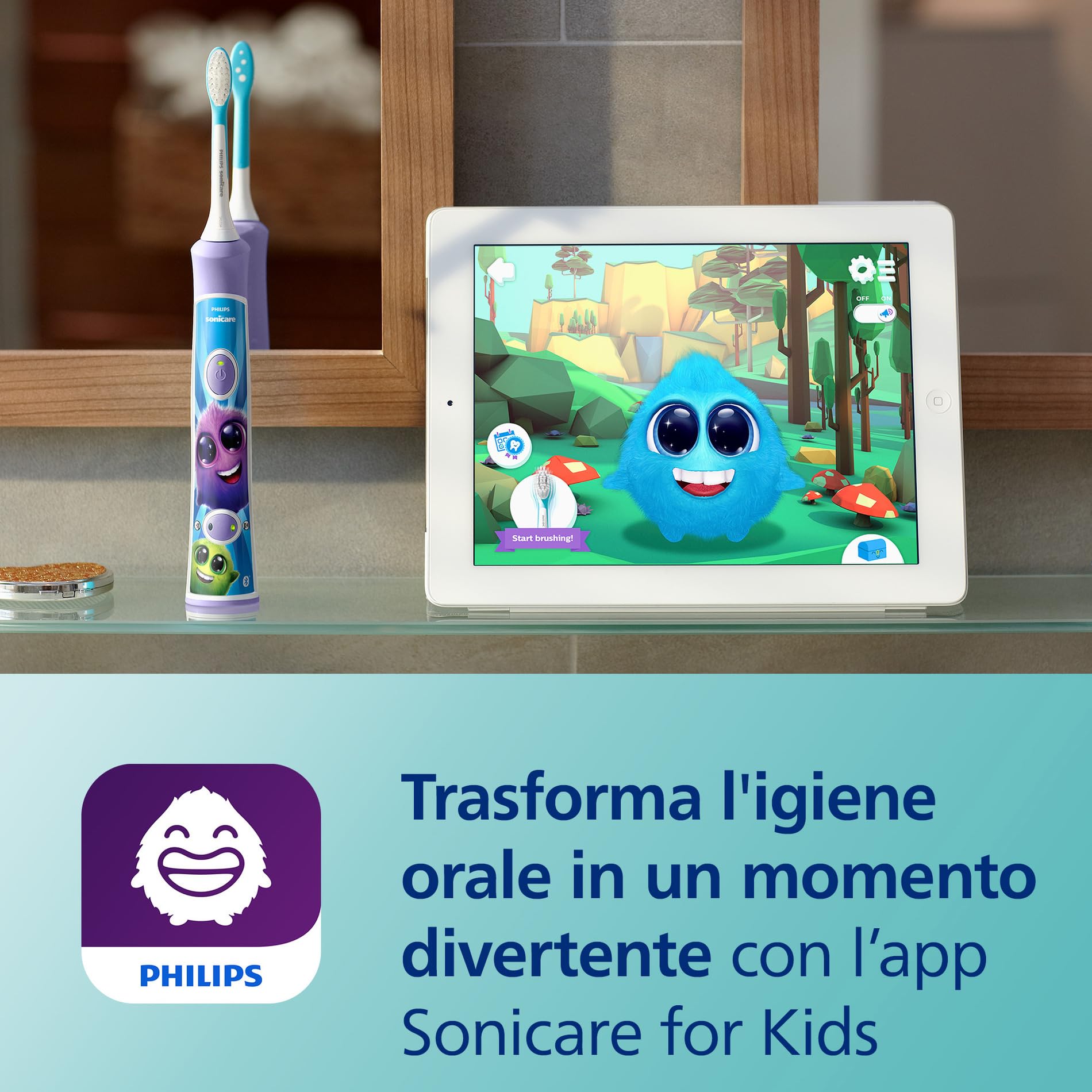 Philips Sonicare For Kids - Spazzolino elettrico sonico con app, studiato per bambini dai 3 anni in su con SmarTimer e QuadPacer per una pulizia profonda, viola, modello HX6322/12