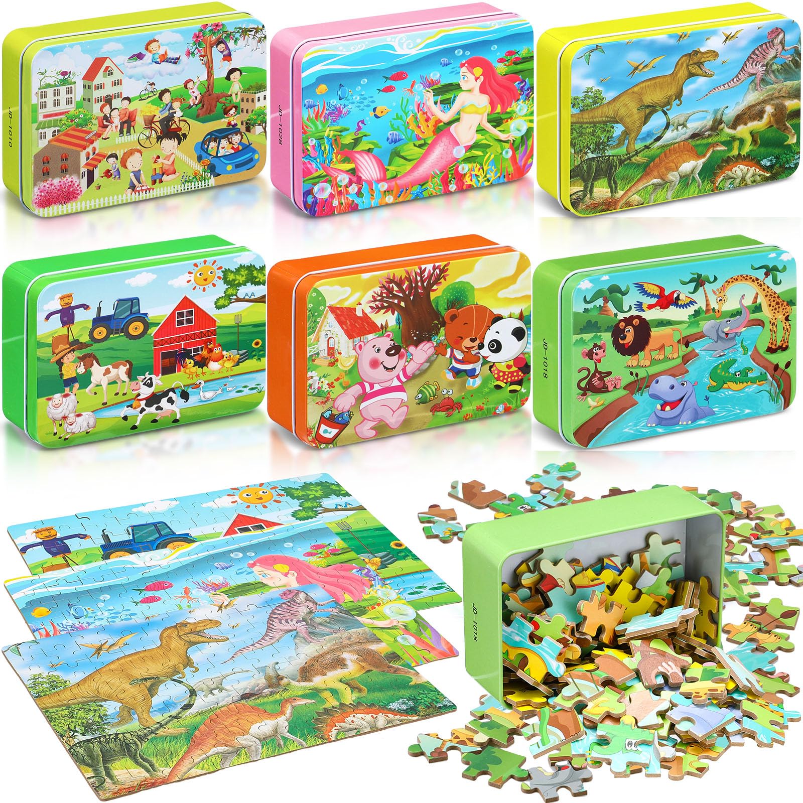 Motionchic 6 Set Jigsaw Puzzles in a Metal Box for Kids Age Over 6, 100 Pieces Wooden Mini Puzzle Animal Marine Mermaid Fire Truck Dinosaur Puzzles for Girl Boy Educational Party Favor (Cute)