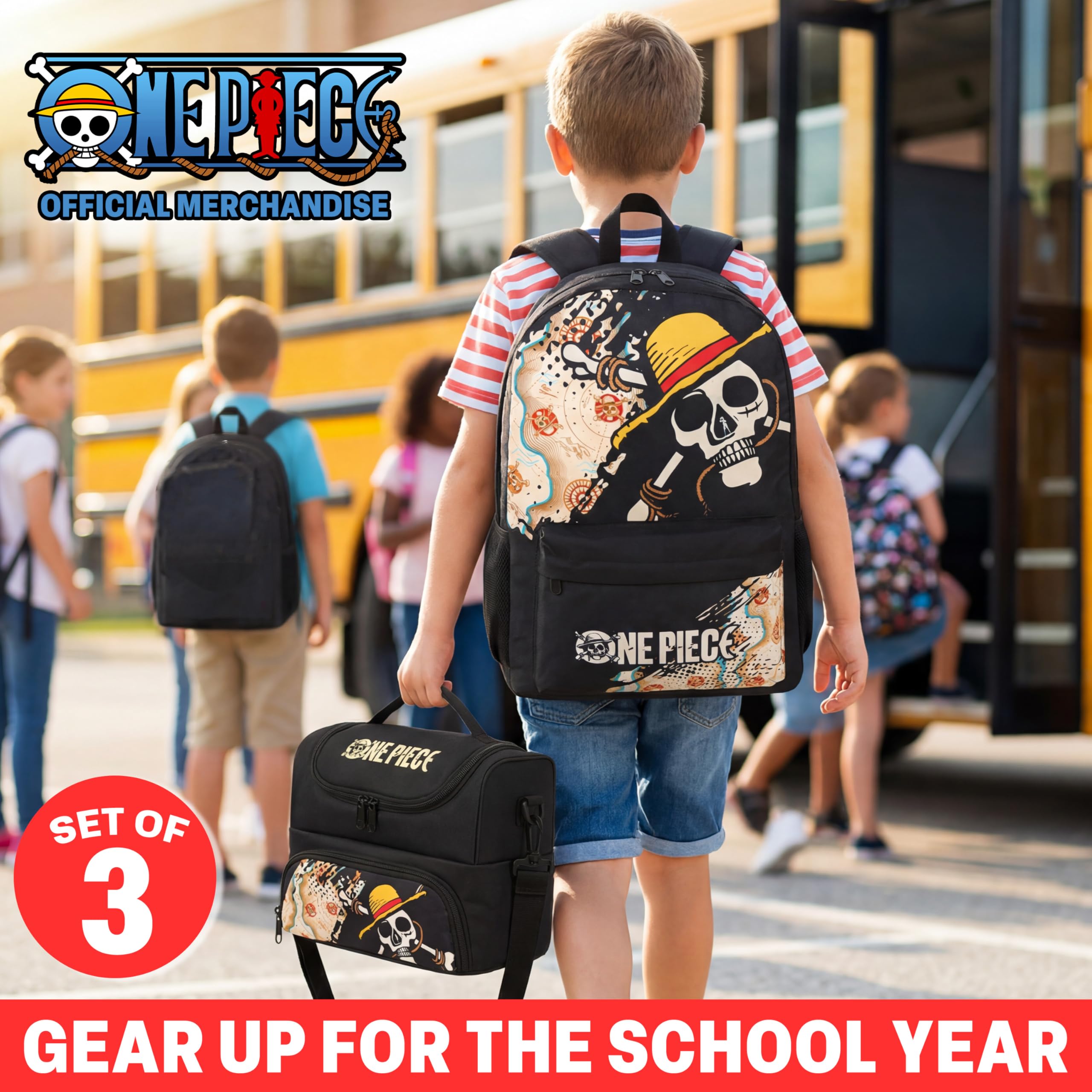 Get Trend One Piece Zaino Ragazzo Set, 3 Pcs con Zaino Scuola, Borsa Termica Porta Pranzo e Astuccio Scuola, Regalo Bambini (Nero/Multi One Piece)