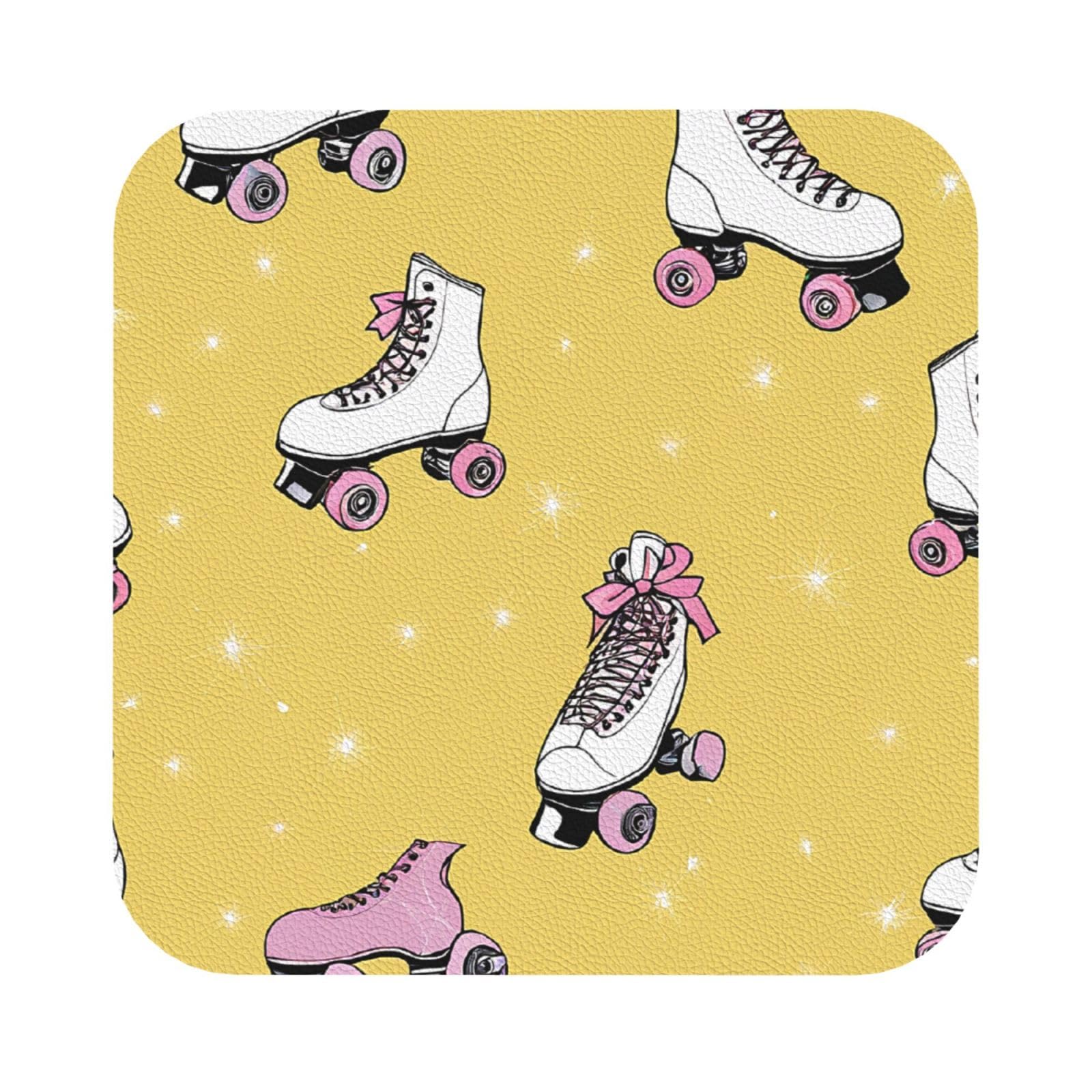 Aspoijhn Square (Colorful Roller Skates) Leather Coaster Set Of 6 Premium Drink Coasters For Home Office Restaurant Bar