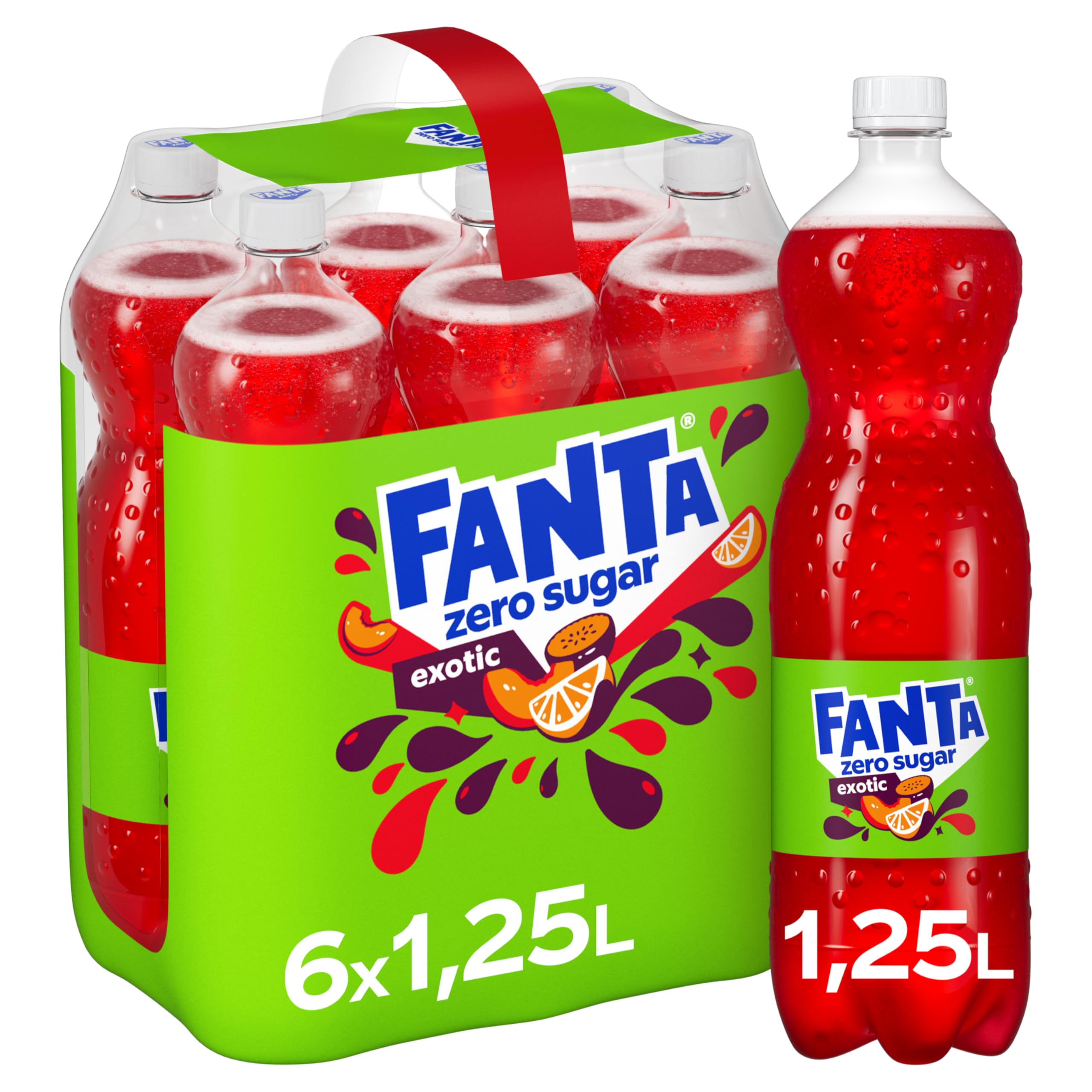 Fanta Zero Exotic Limonade – zuckerfreies, kalorienfreies Erfrischungsgetränk mit exotischem Fruchtmix-Geschmack – 6x 1,25L Einweg PET Flaschen – Vorratspack